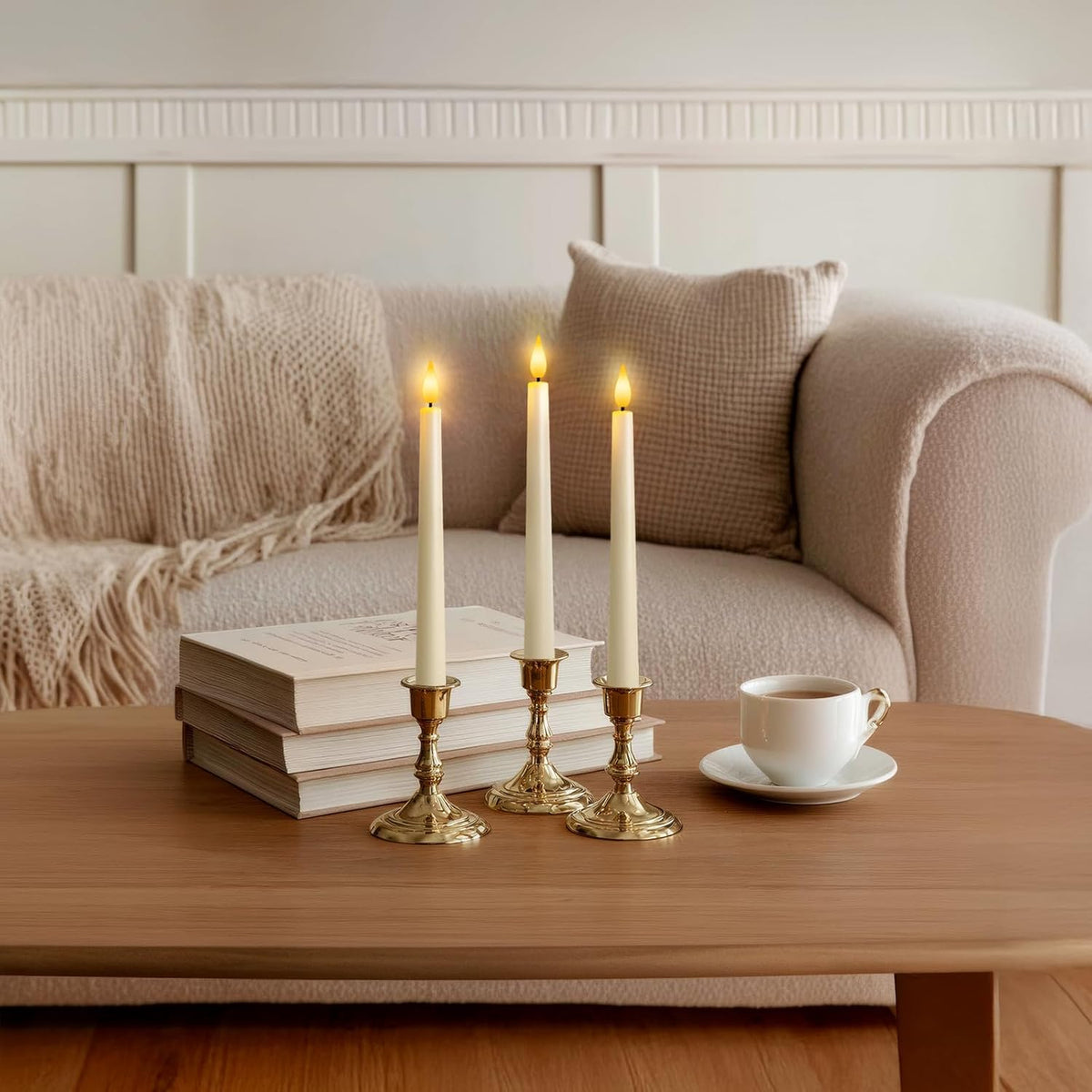 12 Pcs Flameless Taper Candles with Remote, Timer, Plastic Battery Operated Window Candles, 9.6 Inches Ivory LED