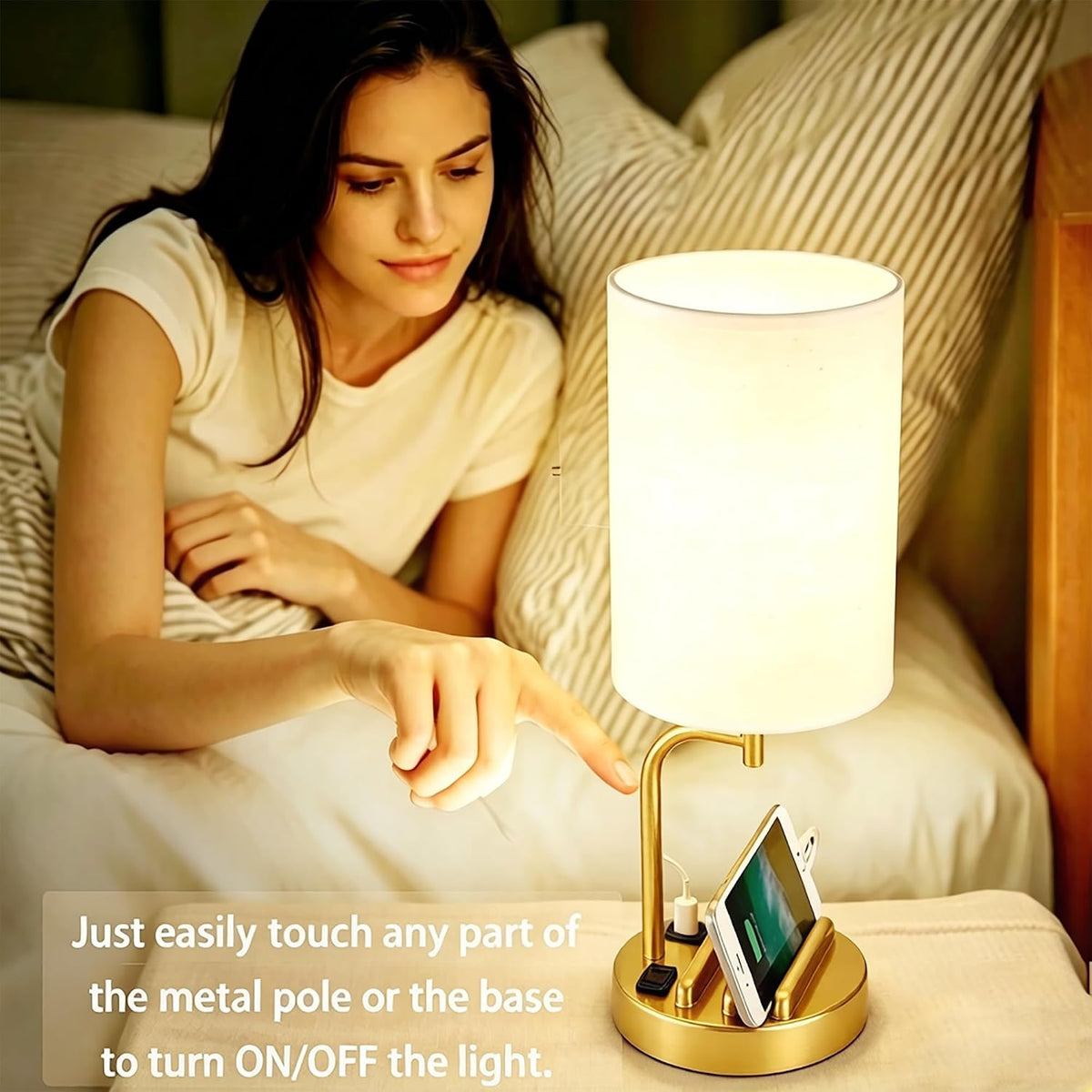 Dreamholder Touch Control USB Table Lamp with USB C/A & AC Outlet, 3-Way Dimmable Bedside Lamp, Modern Nightstand Lamps