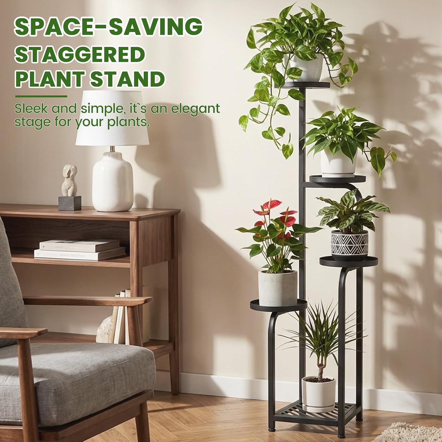 TOSKING 5-Tier Metal Plant Stand Indoor, Anti-Tip Corner Shelf, Black, 47in | Wide base and heavy-duty shelves hold