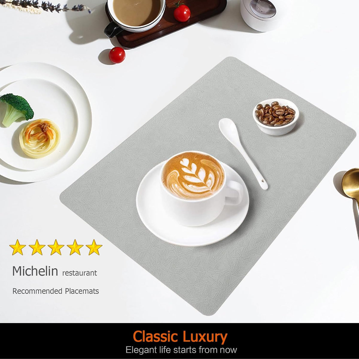 Gray Plastic Placemats Set of 12, Faux Leather Waterproof Table Mats | Light Gray Vinyl place mats,Wipeable and heat