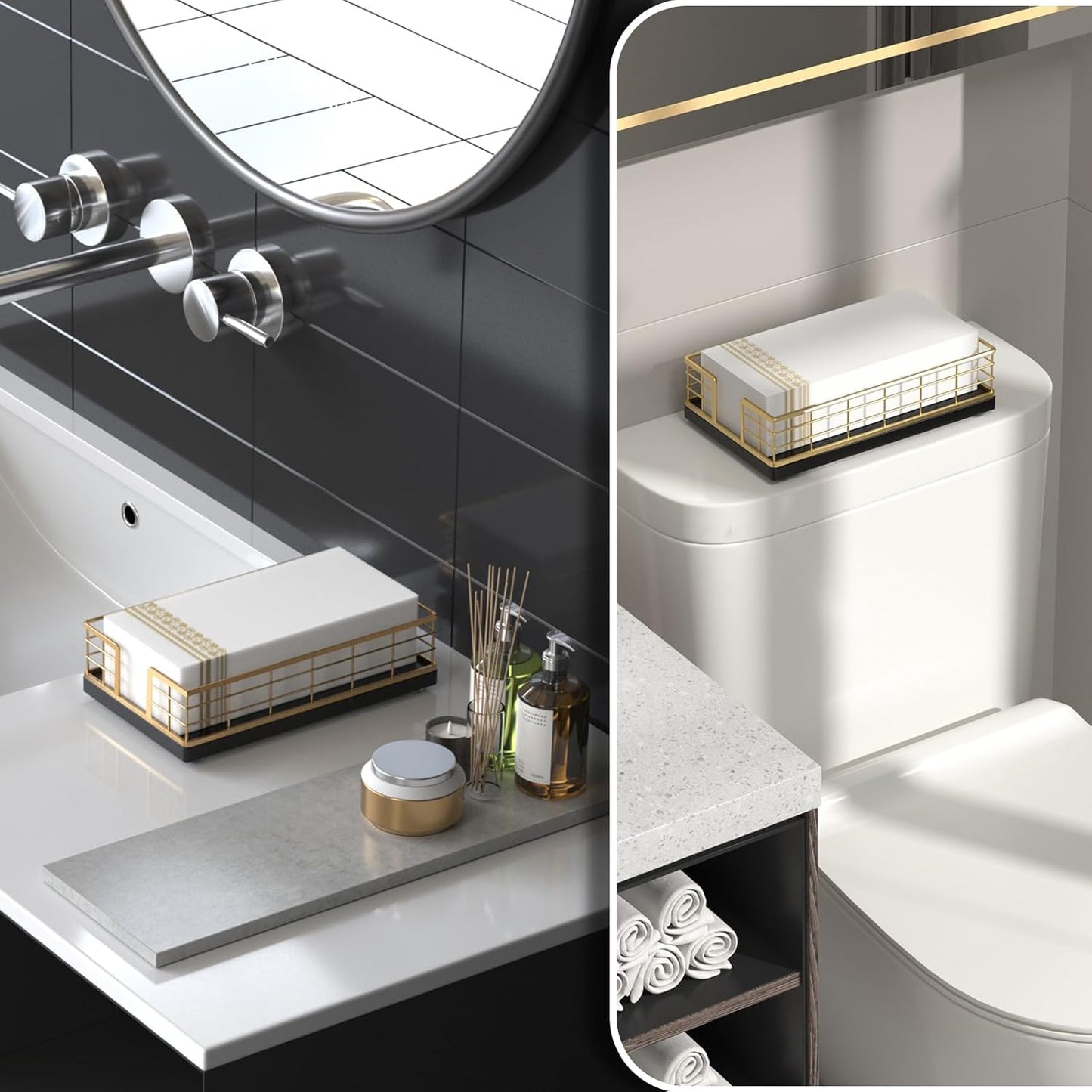 Oak and Iron Napkins Holder for Powder Room Dinning Table / Gold/black / 9.06 x 5.51 x 2.56 / Inchs