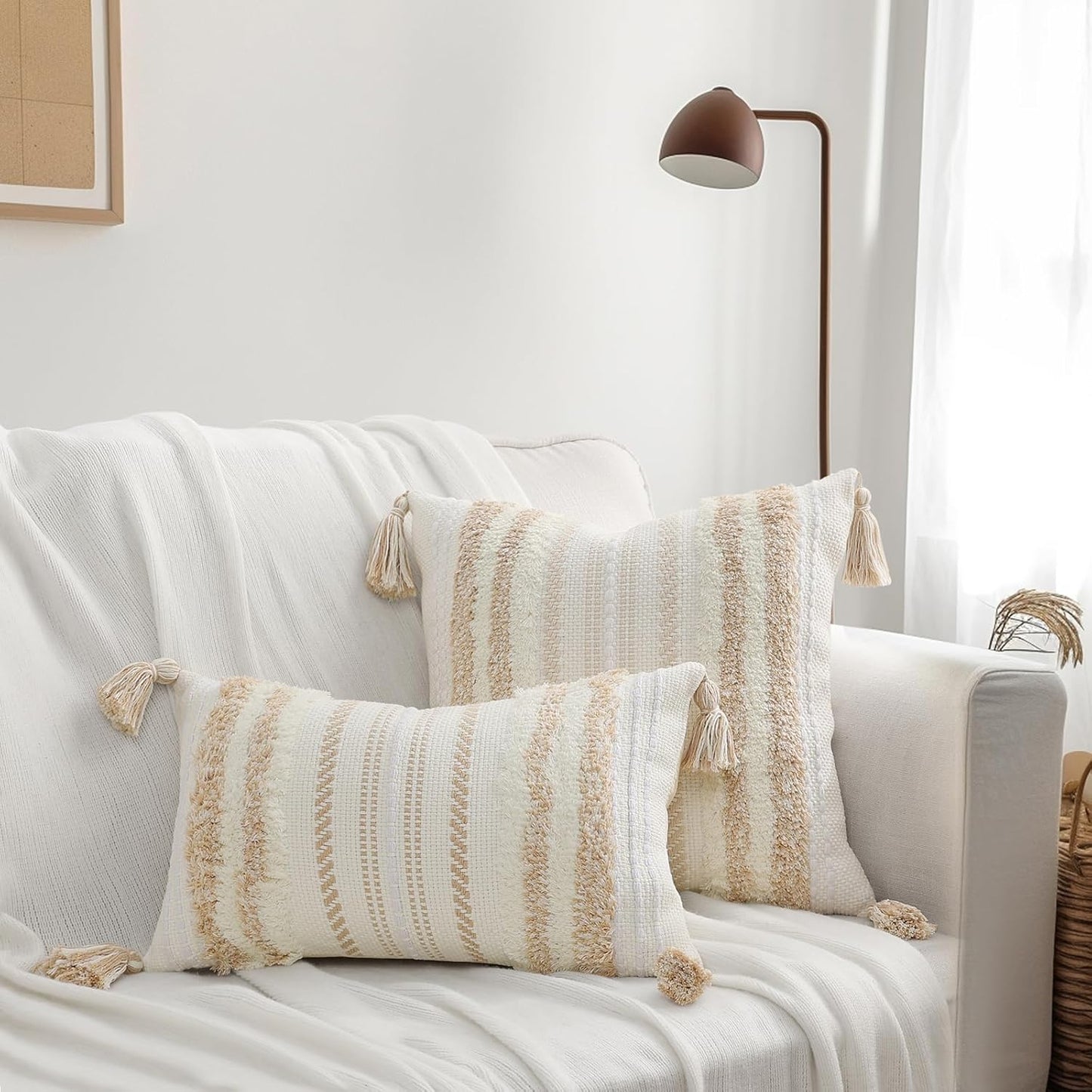 Summer Decorative Boho Throw Pillow Covers / 18 x 18 / Khaki and Cream White / Set of 2