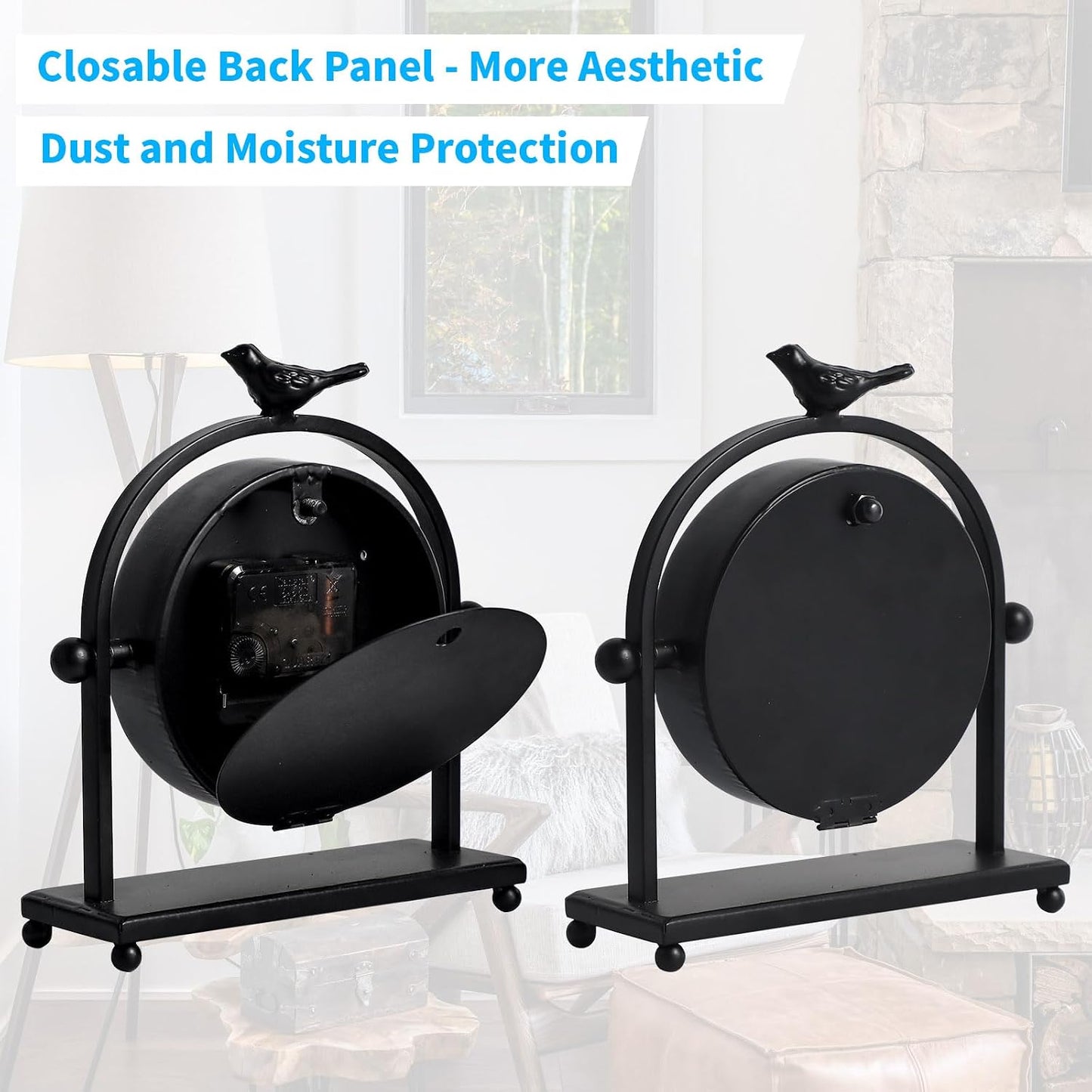 Vintage Farmhouse Table Clock with Bird Topper, Silent Non-Ticking Mantel Clock with Closable Back Cover, Black Iron