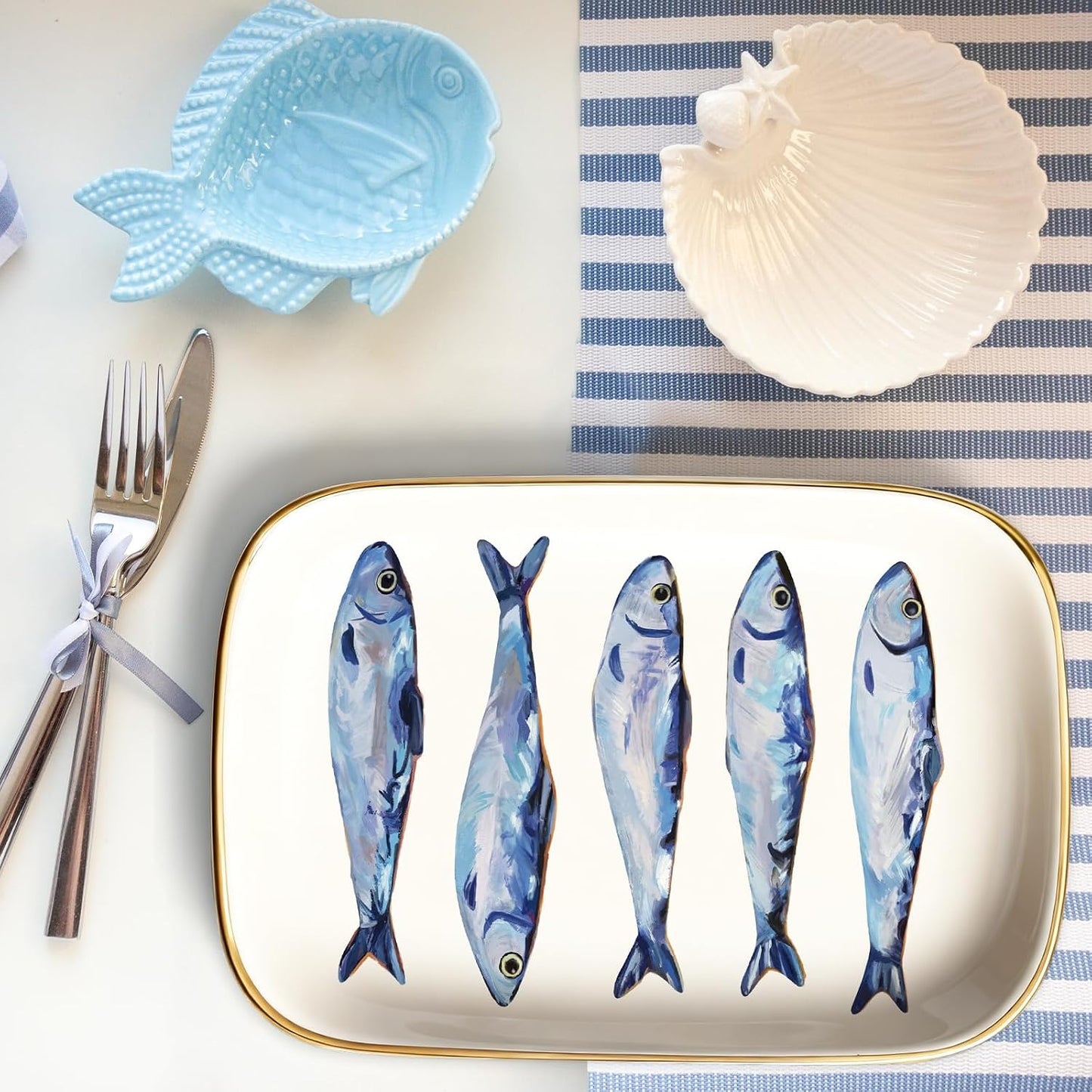 Sardines Trinket Tray Ceramic Jewelry Dish Aesthetic Fish Decorative Key Tray
