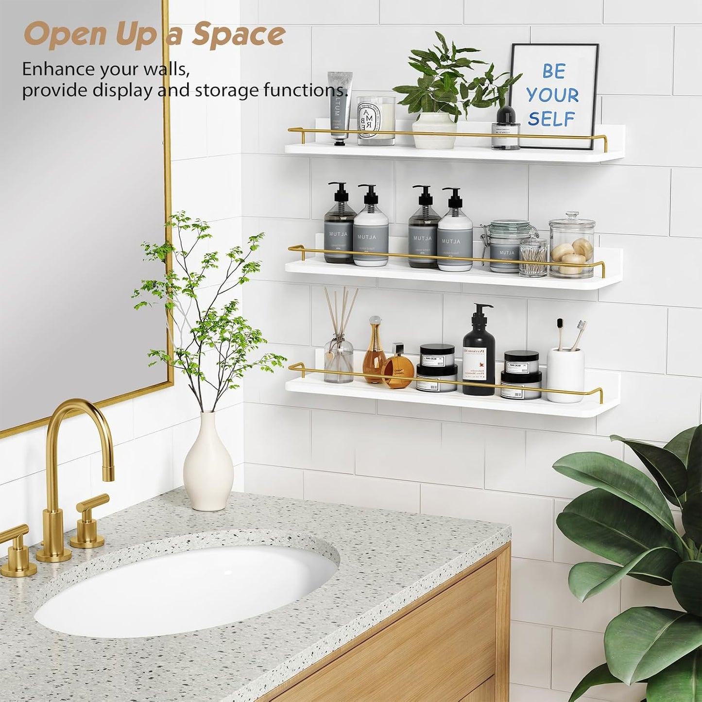Forbena 24 Inch Bathroom Floating Shelves for Wall Set of 3, Gold Bathroom Shelves Over Toilet Wall Mounted with Rail