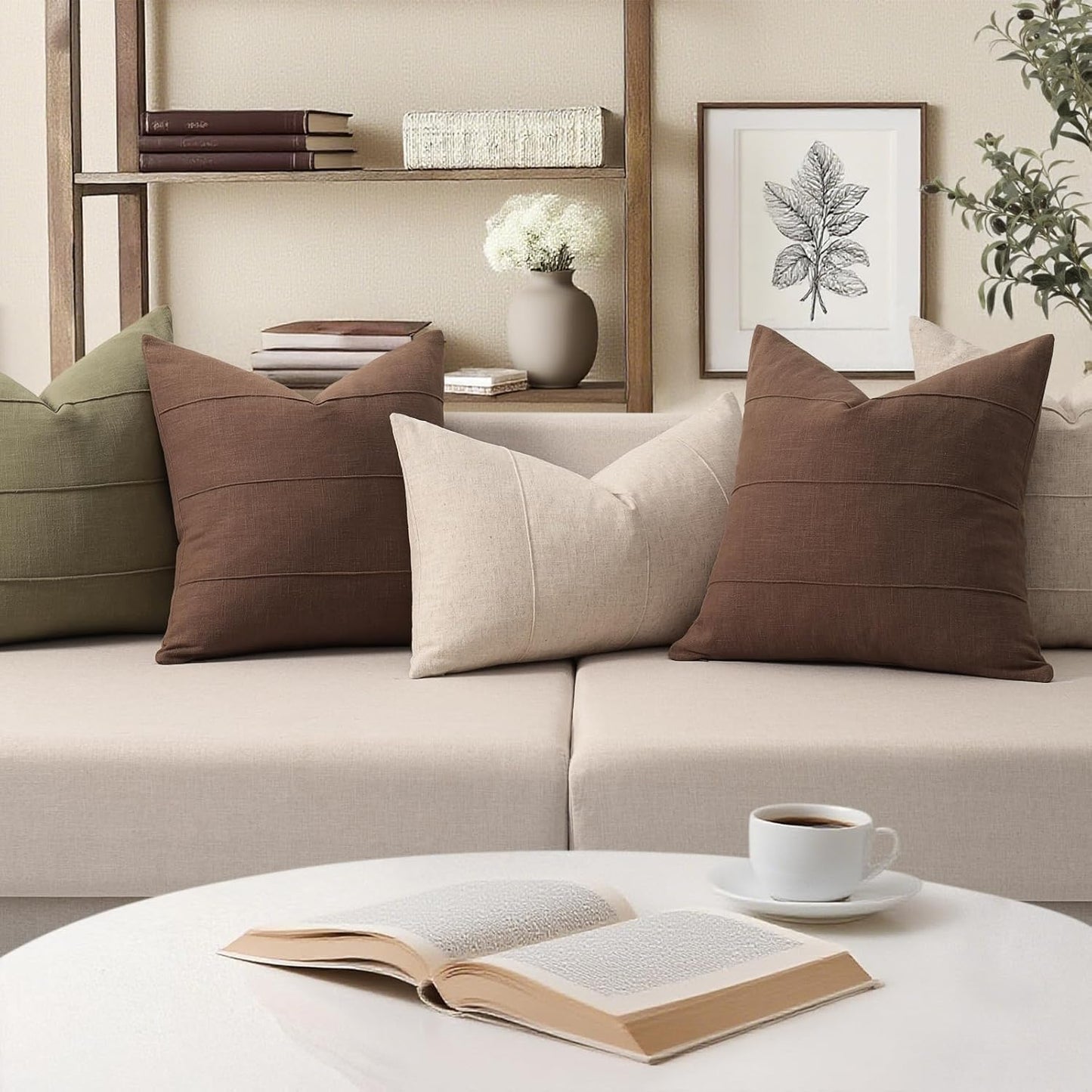 Decorative Linen Throw Pillow Covers Solid Handcrafted Striped Cushion / Brown / 18 x 18 / Set of 2