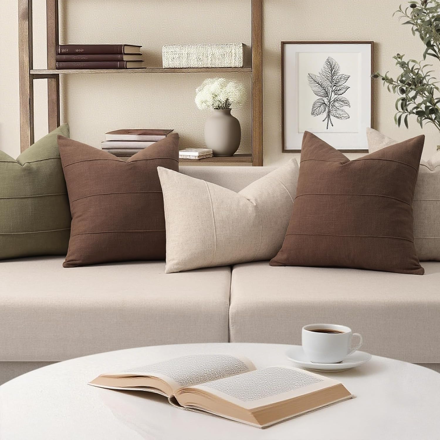 Decorative Linen Throw Pillow Covers Solid Handcrafted Striped Cushion / Brown / 18 x 18 / Set of 2