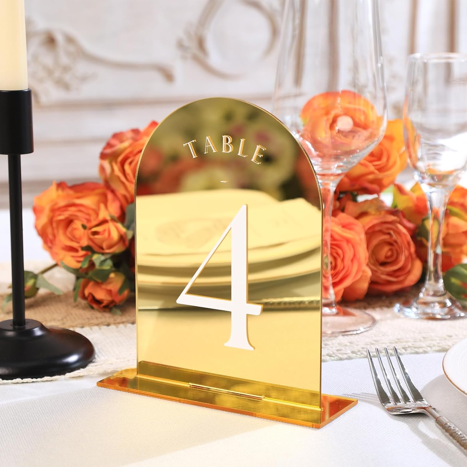 UNIQOOO Gold Mirror Arch Wedding Table Numbers with Stands 1-20, 5x7 Acrylic Display Signs and Holders, Pack of 20
