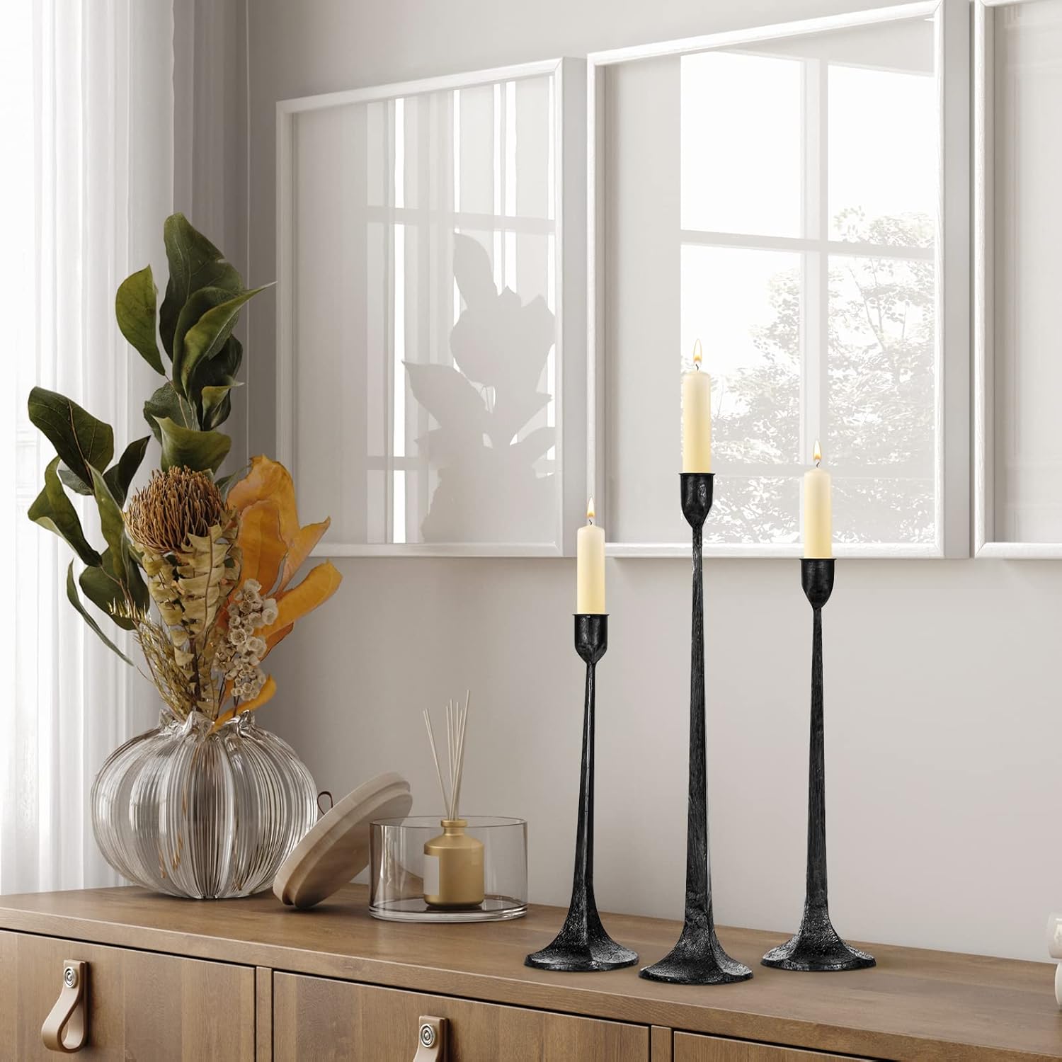 Iron Taper Candle Holder Set of 3 - Decorative Tall Candle Stand | Candlestick Holder for Wedding, Dining Table, Party