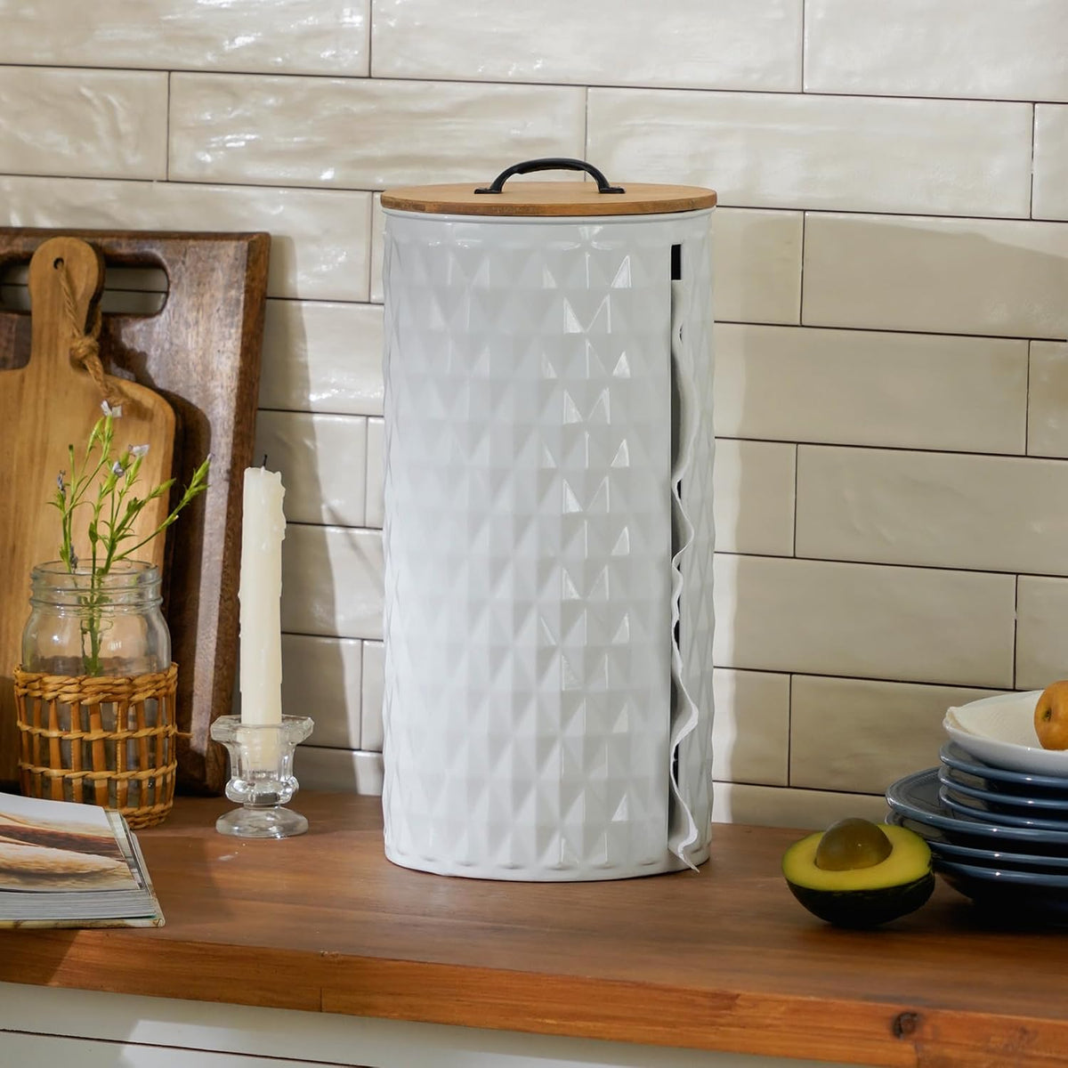 Metal Paper Towel Holder, Weighted Base with Suction Cups | Embossed with Wooden Lid, Easy Tear Roll Dispenser for