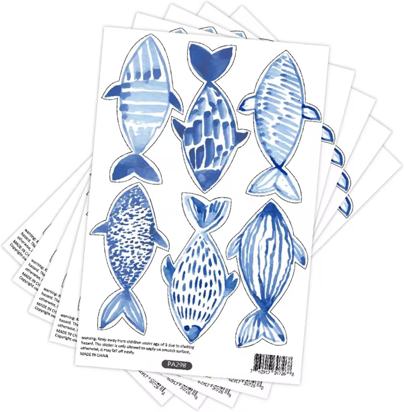 Hand Drawn Watercolor Fish Underwater World Wall Decals Waterproof / Blue Fish / Set of 30