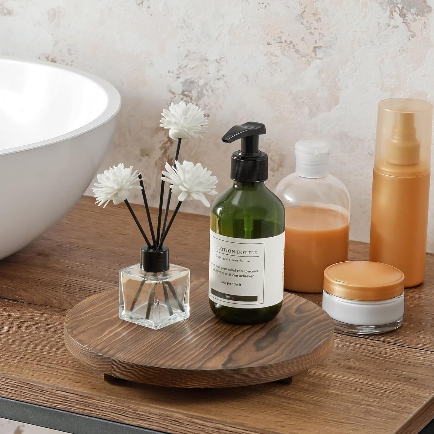 Small Round Decorative Tray Burnt Wood Bathroom Counter Organizer Pedestal Stand / Brown / Set of 9