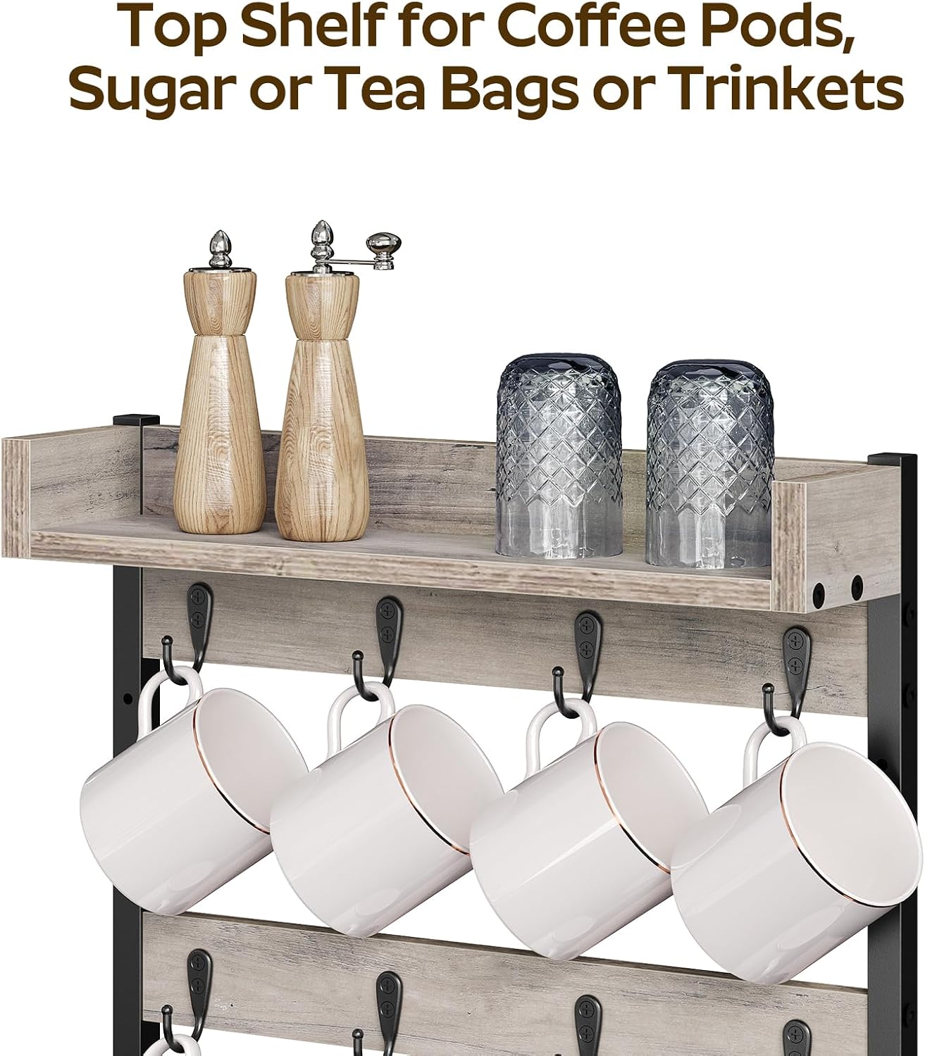 Coffee Mug Holder Stand, 3 Tier Mug Tree Rack, Hanging 12 Cups, with Top Shelf, for Kitchen, Dining Room, Living Room