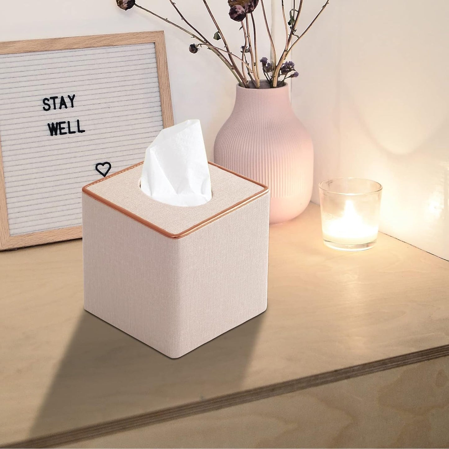Linen Square Tissue Box Cover / Beige Linen Texture