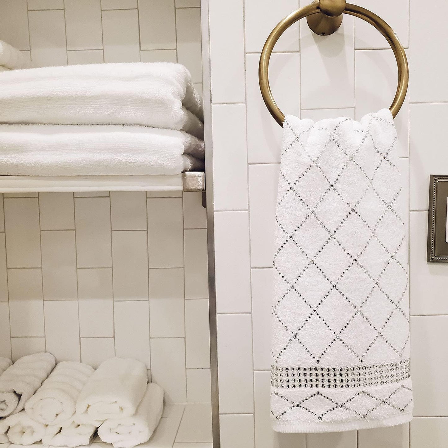 Atlas Hand Towel (Set of 2), 100% Turkish Cotton, Glass Rhinestones, Machine Washable, Gray