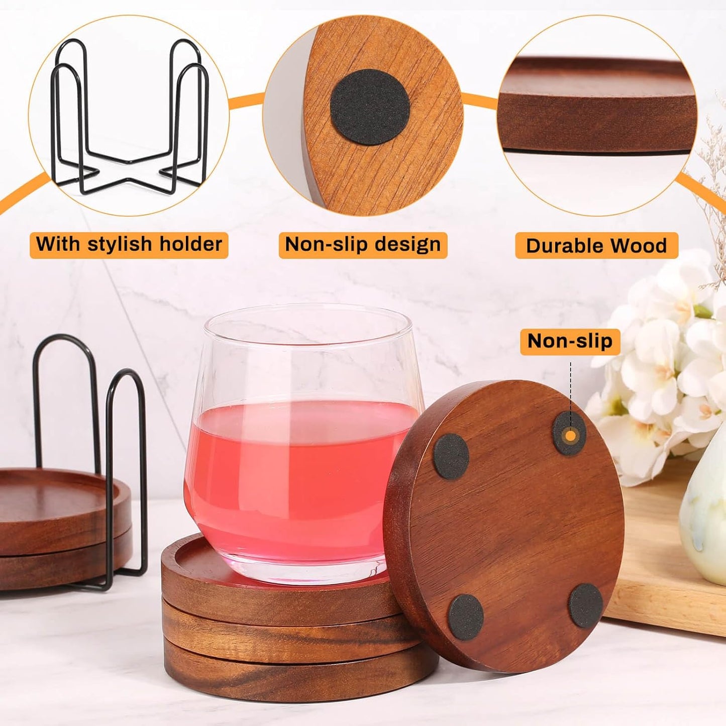 Holder / Acacia Wood Drink Coasters for Farmhouse / Set of 6
