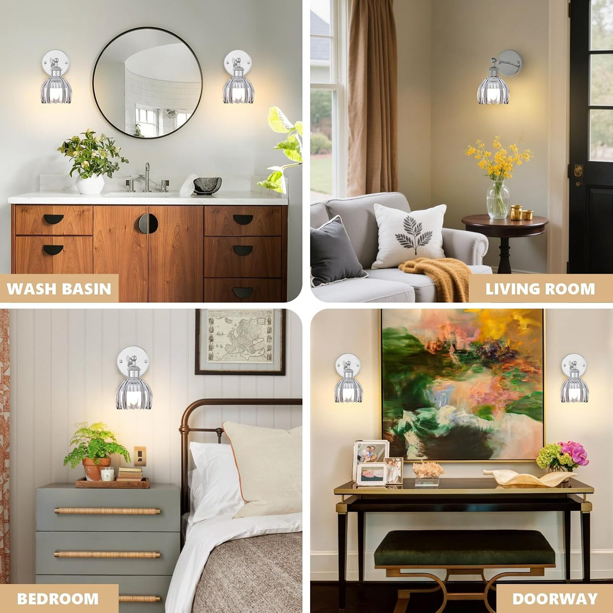 Vintage Battery Operated Wall Sconce, Smoky Gray Tulip Glass Lampshade Wireless Rechargeable Battery Powered LED Wall