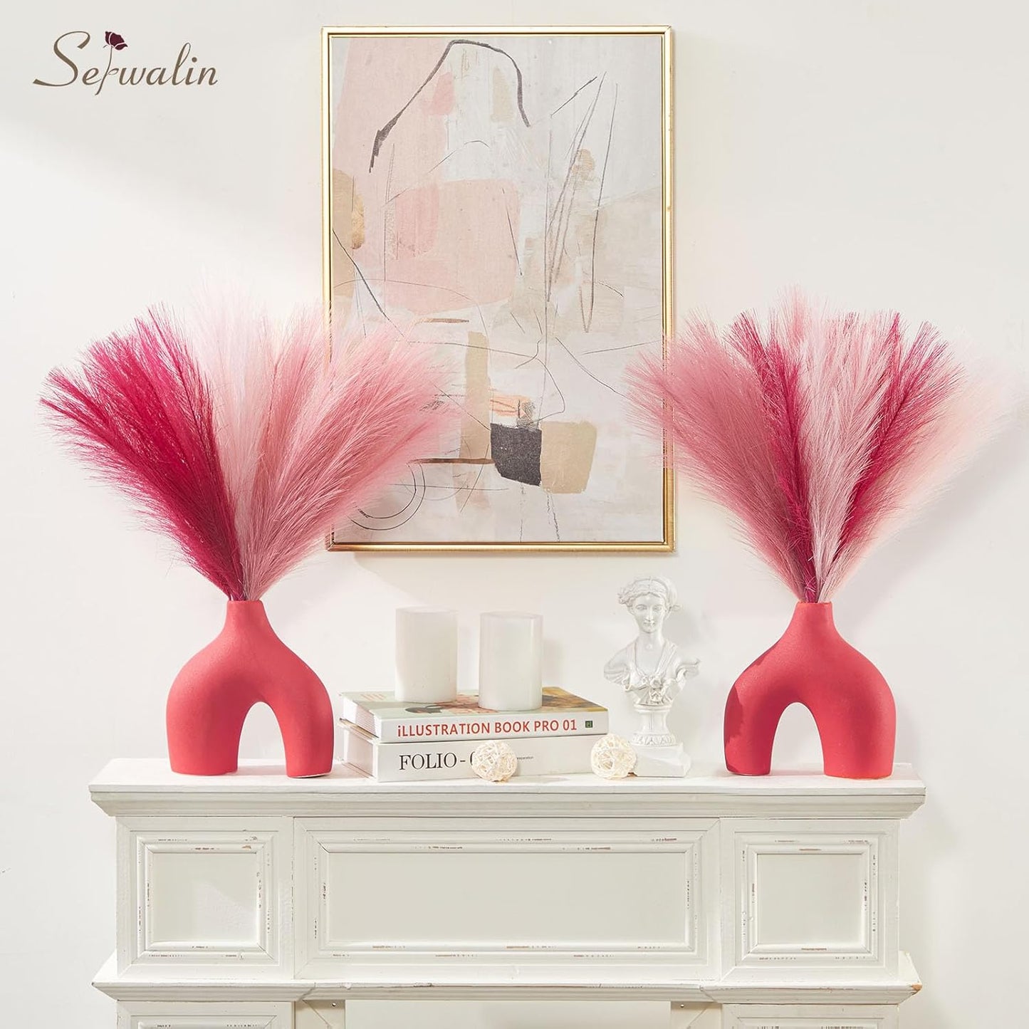 Artificial Pampas Grass / A Abby Hot Pink & Blush & Pink / 17 Inch / 17.7 Inch / Set of 6