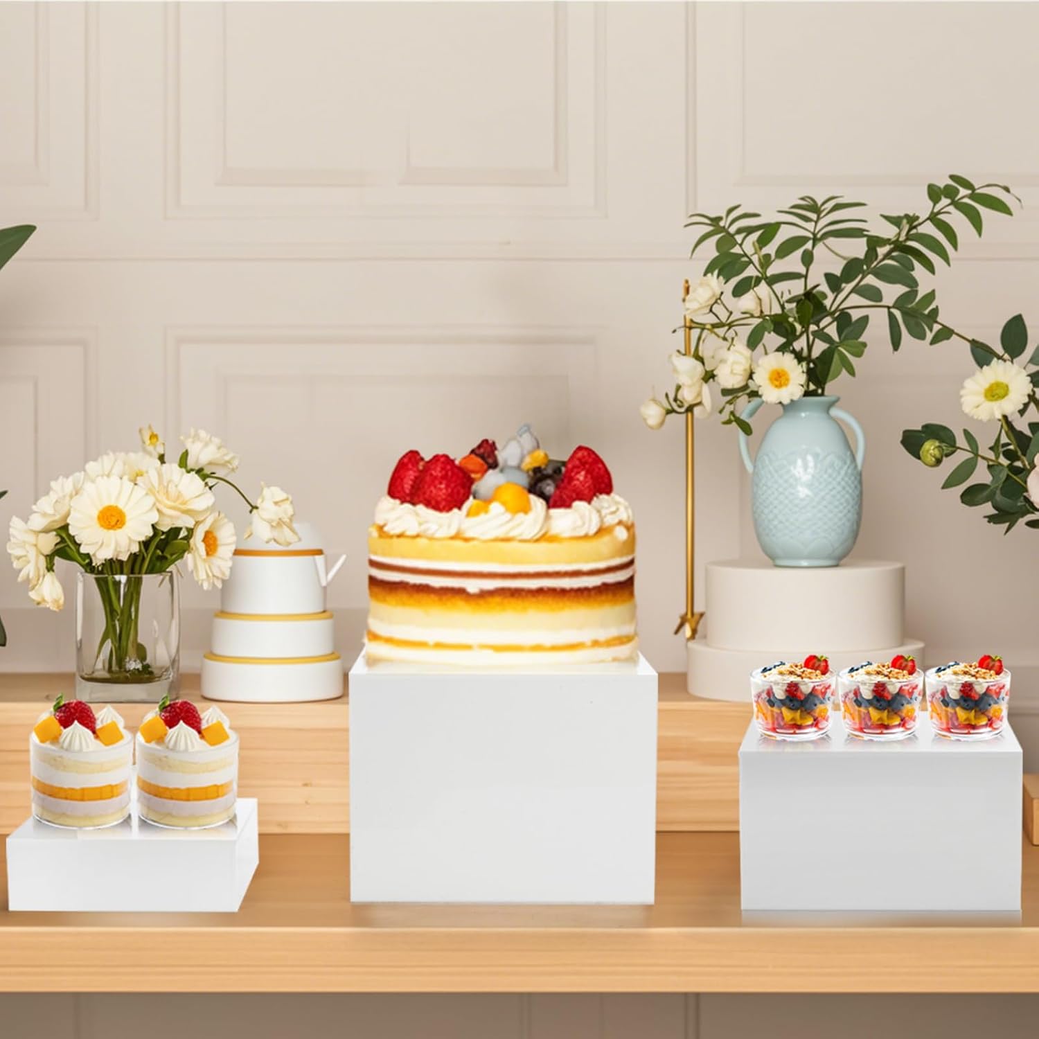 6/7/ Small Glossy Buffet Riser Food Display Stand / White / 8 Inch / Set of 3