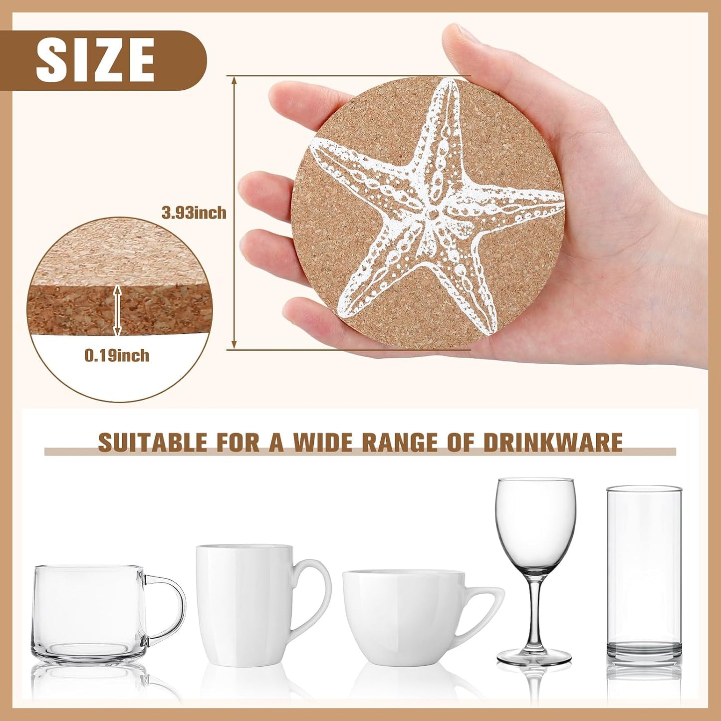 Coastal Coasters for Drinks Beach Cork Coasters Sea Shell Printed Round Absorbent Mat / Set of 12