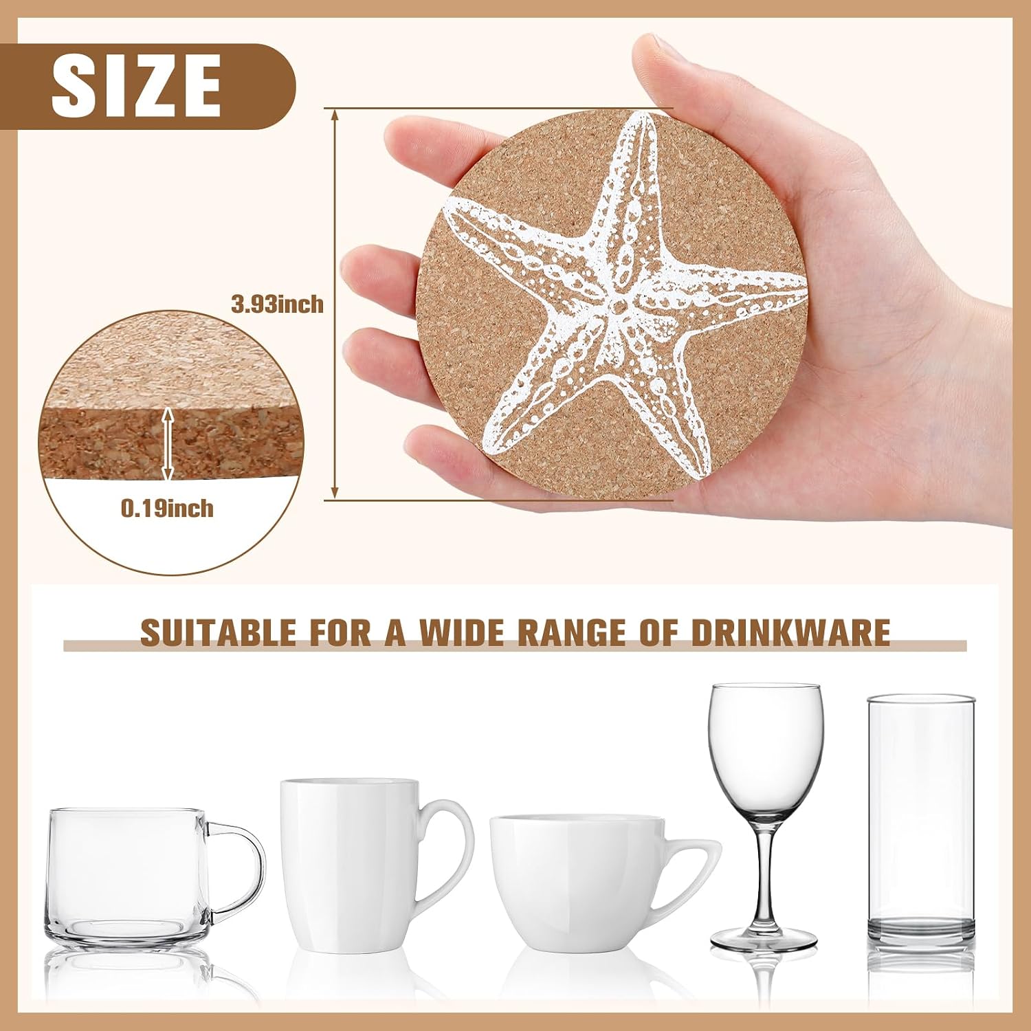Coastal Coasters for Drinks Beach Cork Coasters Sea Shell Printed Round Absorbent Mat / Set of 12
