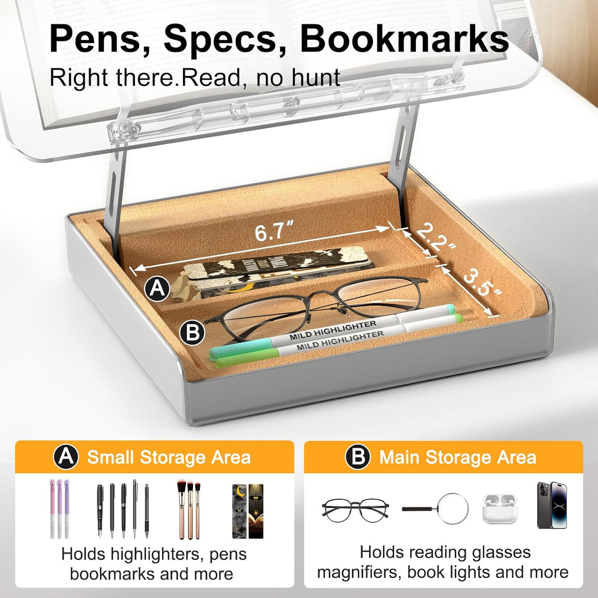 Book Stand with Storage, Book Holder for Reading Hands Free | Wooden Cookbook Stand for Kitchen Counter, Adjustable