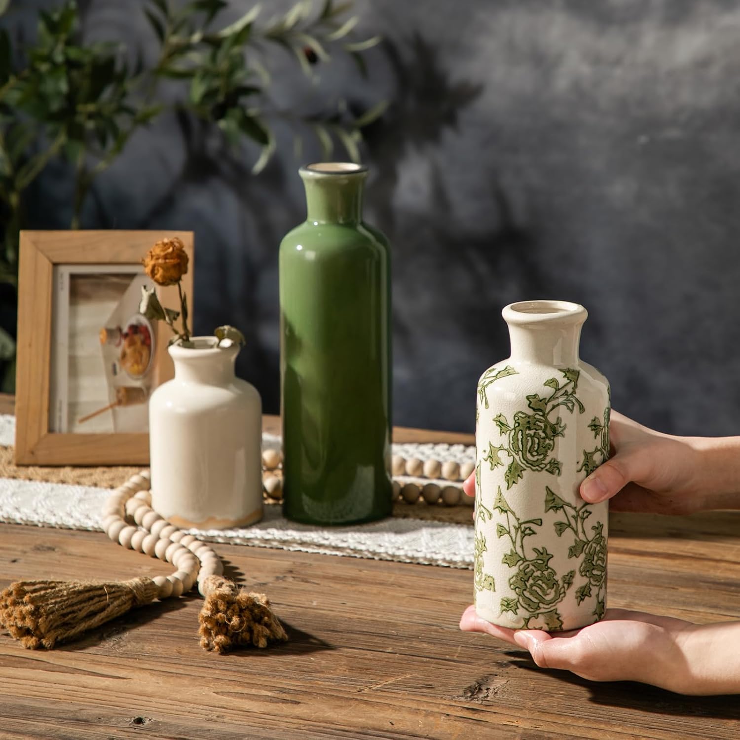 Rustic Ceramic Vase / Green-2 / Set of 3