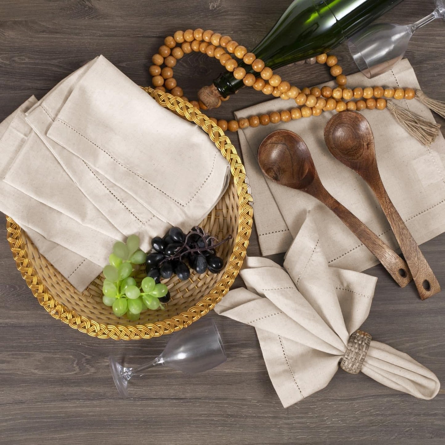 Bedding Craft Linen Cloth Dinner Napkins, 18x18, Set of 12 | Natural Fabric with hemstitched Mitered Corners – Machine