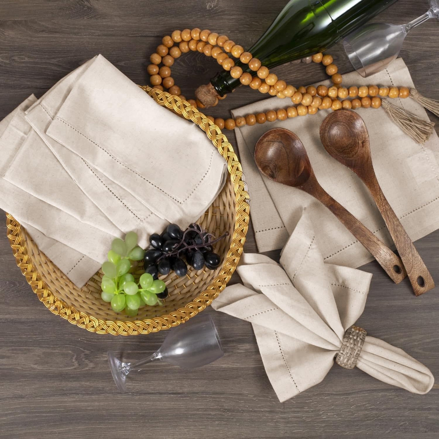 Bedding Craft Linen Cloth Dinner Napkins, 18x18, Set of 12 | Natural Fabric with hemstitched Mitered Corners – Machine
