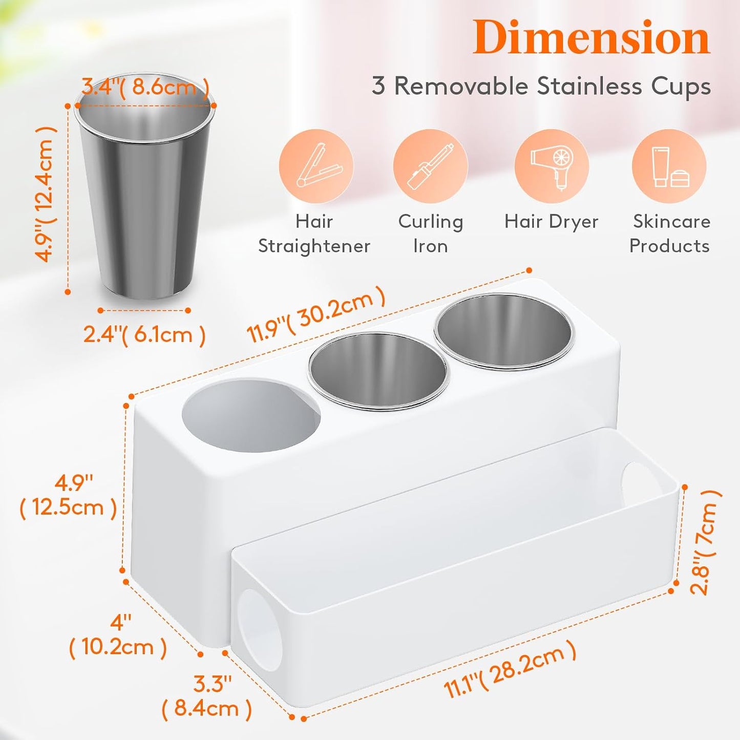 Lifewit Hair Tool Organizer Dryer Holder Countertop with 3 Cups, White | 3 Stainless cups Tools Organizer, Acrylic body