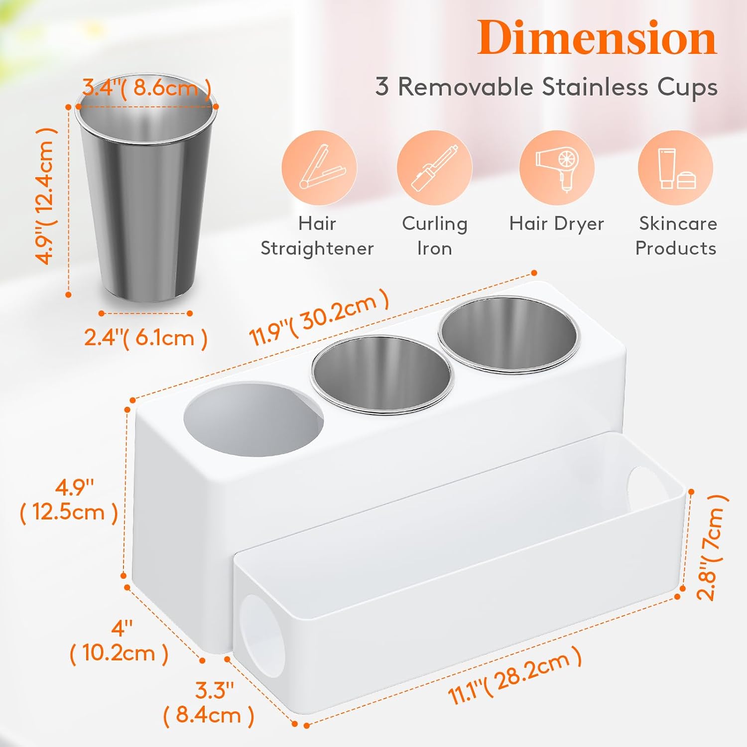 Lifewit Hair Tool Organizer Dryer Holder Countertop with 3 Cups, White | 3 Stainless cups Tools Organizer, Acrylic body