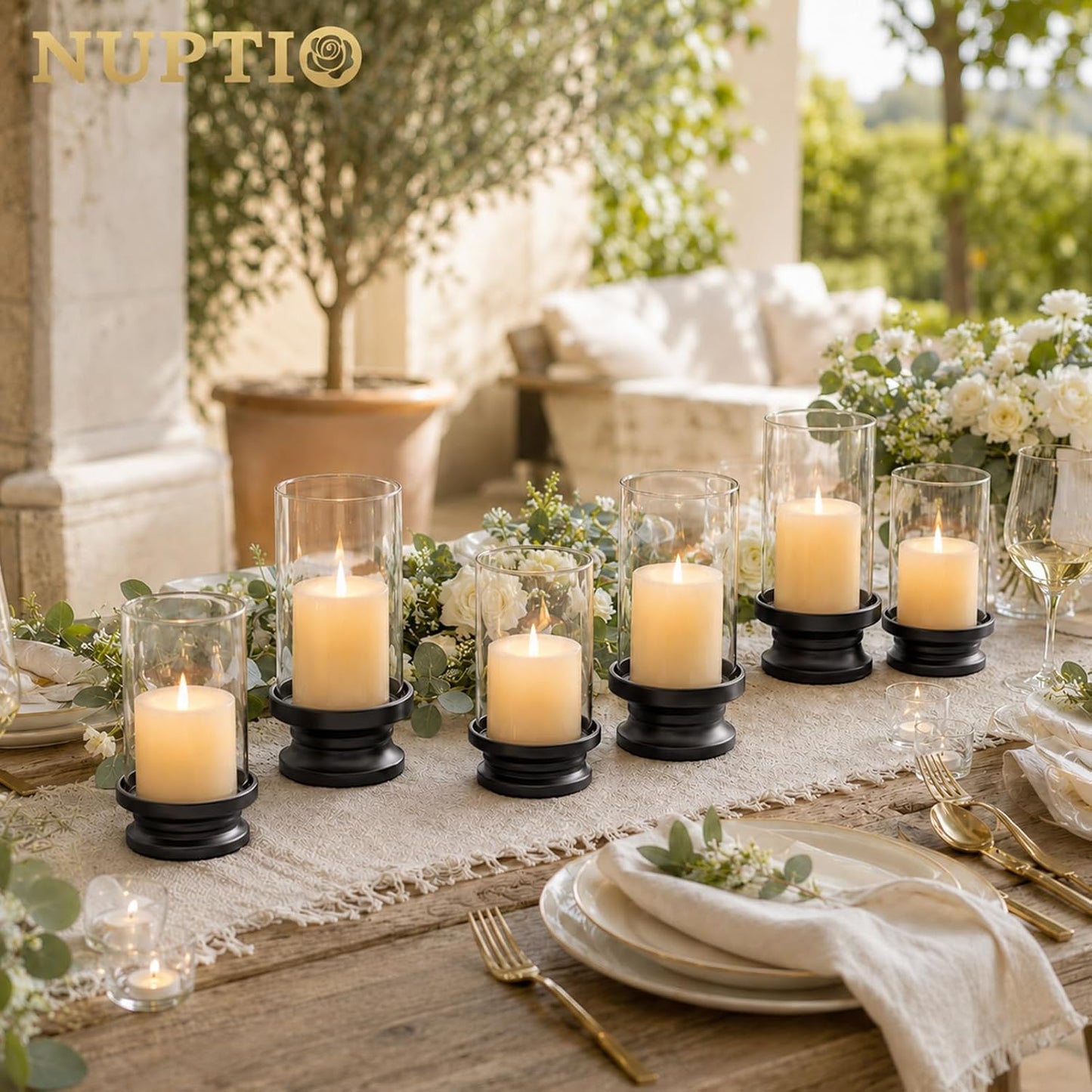 NUPTIO Hurricane Candle Holder for Pillar - Set of 2 Black | Pillar Candle Holders with Thick Glass Cylinder - Iron