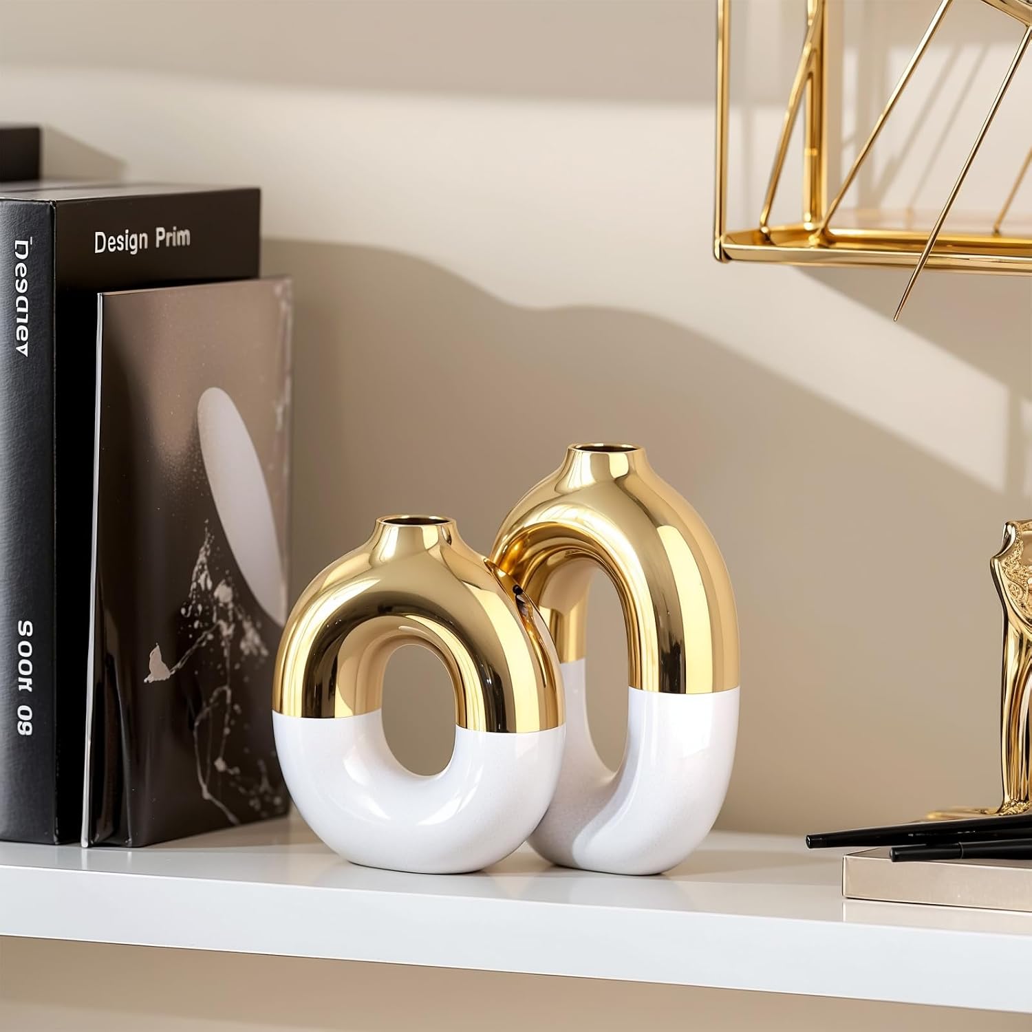 White and Gold Ceramic Vase Set Home Decor / White Gold