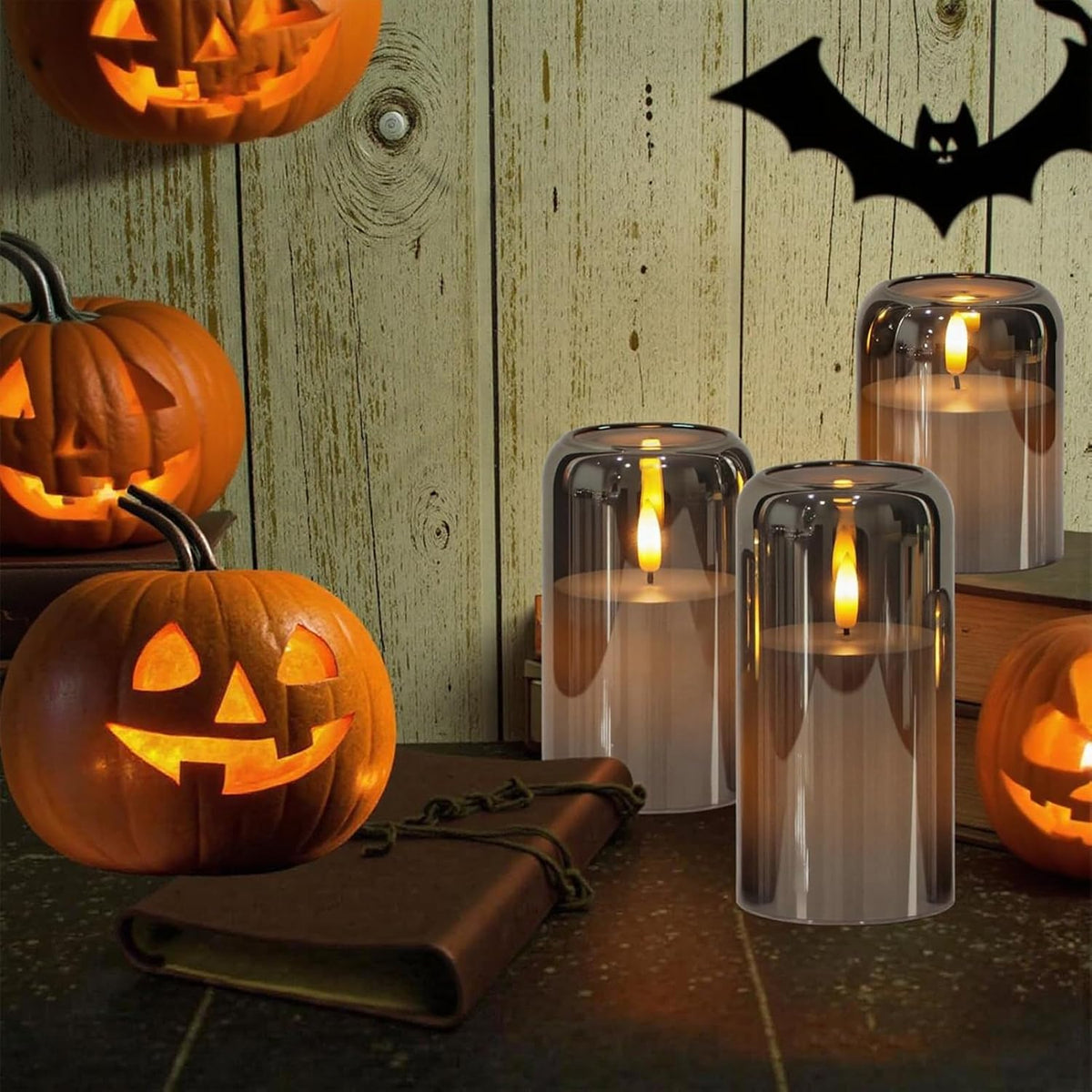 GenSwin Black Glass LED Flameless Candles with Remote Timer | Battery Operated Candles with Flickering, Real Wax Pillar
