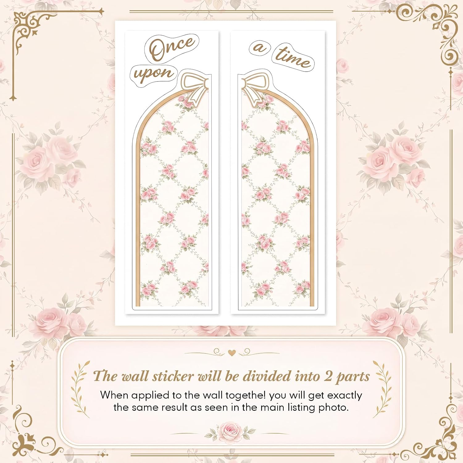Flower Arch Wall Decals Bow Floral Stickers Nursery Wallpaper Once Upon a Time Sign / Pink / 60 x 35