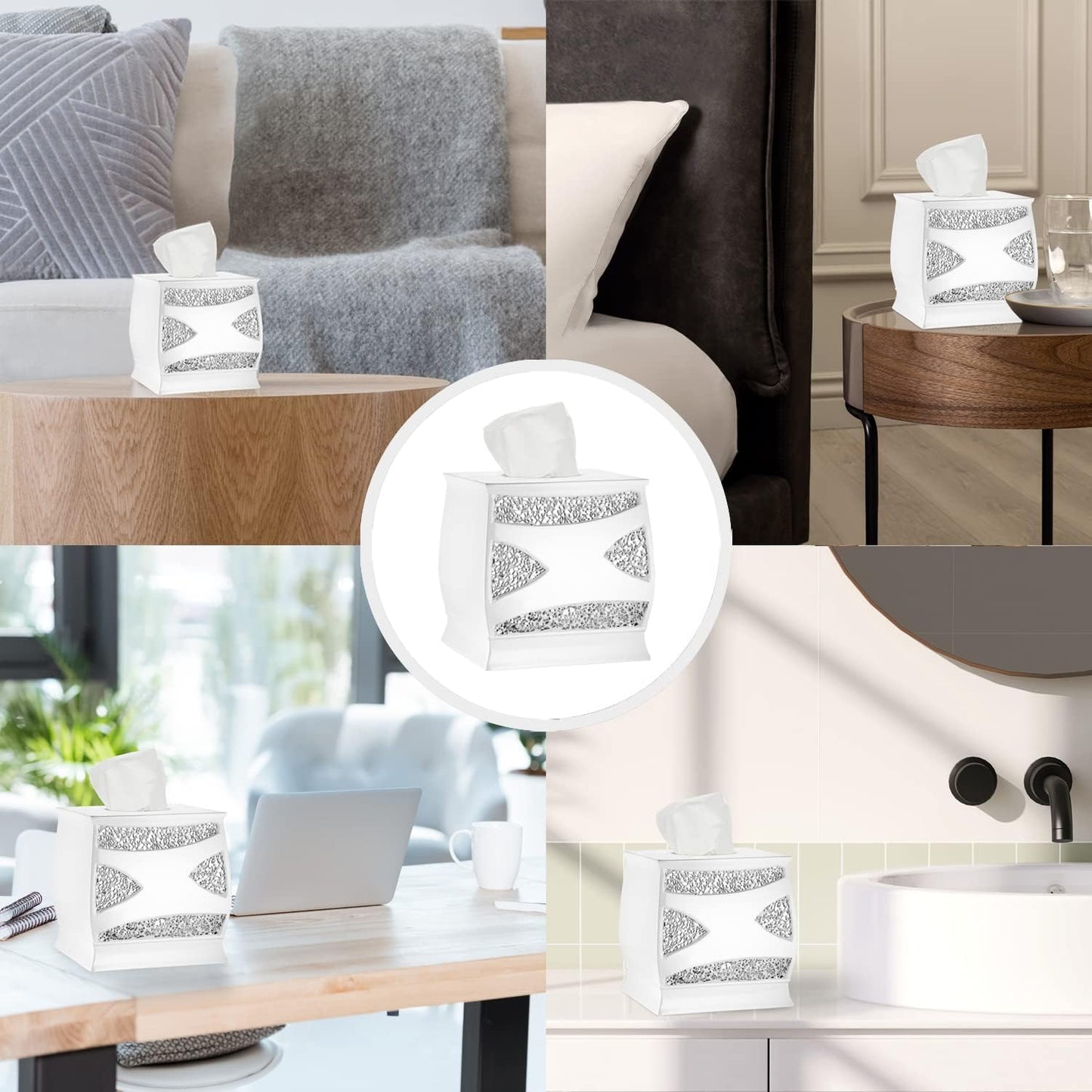 Zahari Home 2pc Sinatra White Modern Bath Accessories Set Waste Basket & Tissue Box Modern Decorative Beautiful Designs