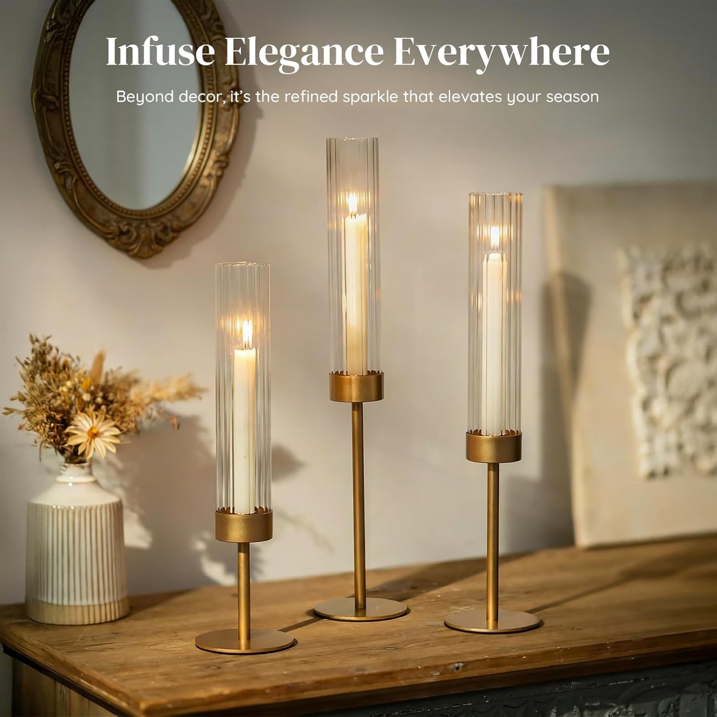 Glasseam Hurricane Gold Candlestick Holders: 6Pcs Taper with Glass Cylinder | Brass Candle Stick, Ribbed, Fluted Shade