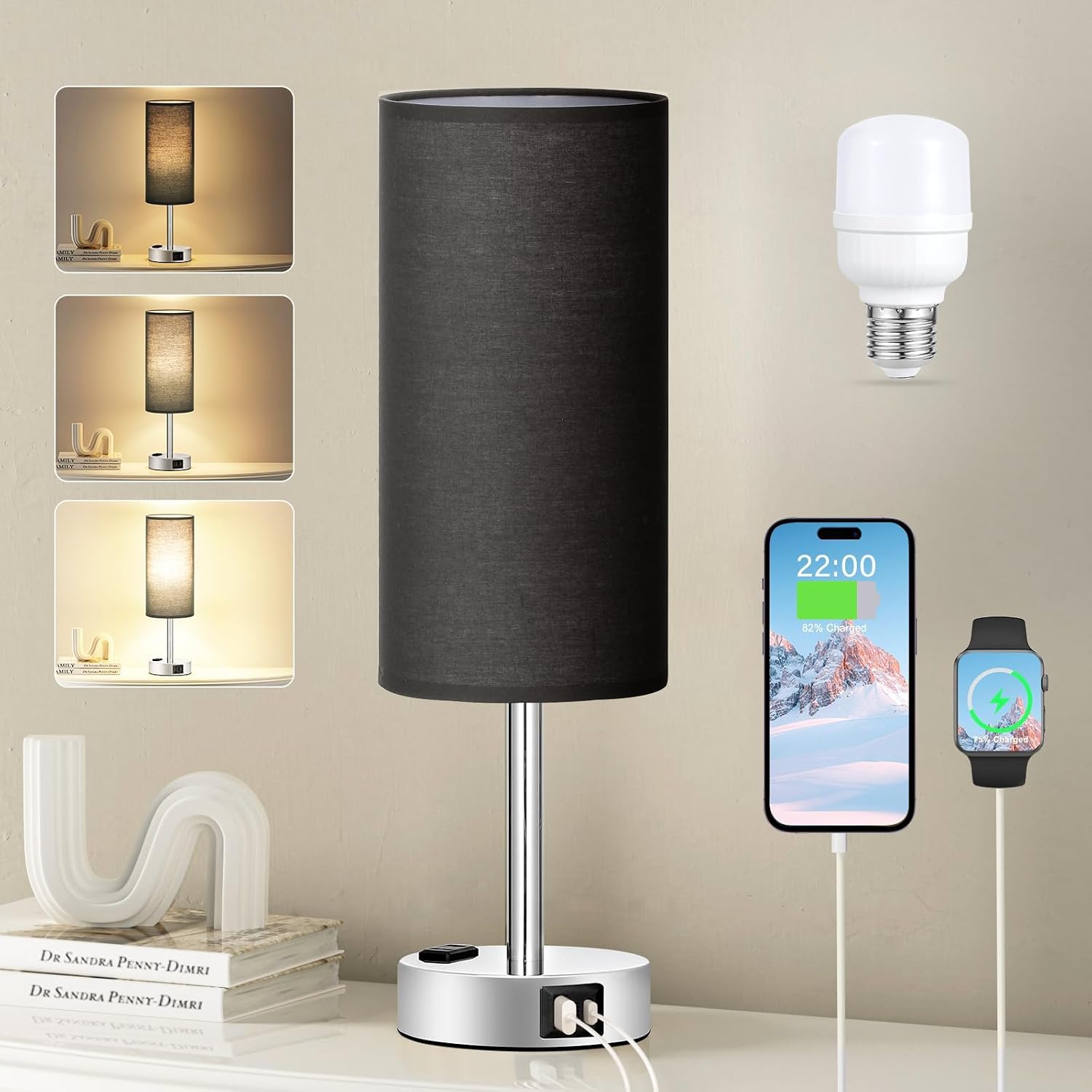 Fenmzee Black Bedside Lamp for Bedroom, Dimmable Touch, USB A+C, AC Outlet