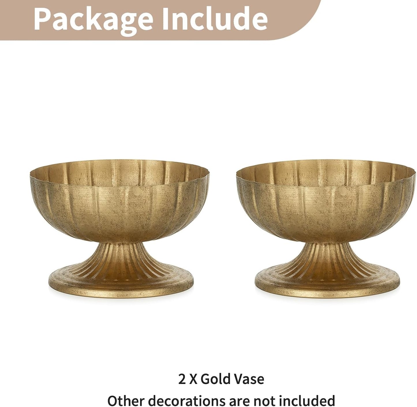 NUPTIO Gold Compote Vase for Centerpiece, 8.5" Wide Opening, 2 Pcs | Distressed Brass Urn, Short Pedestal Footed Bowl