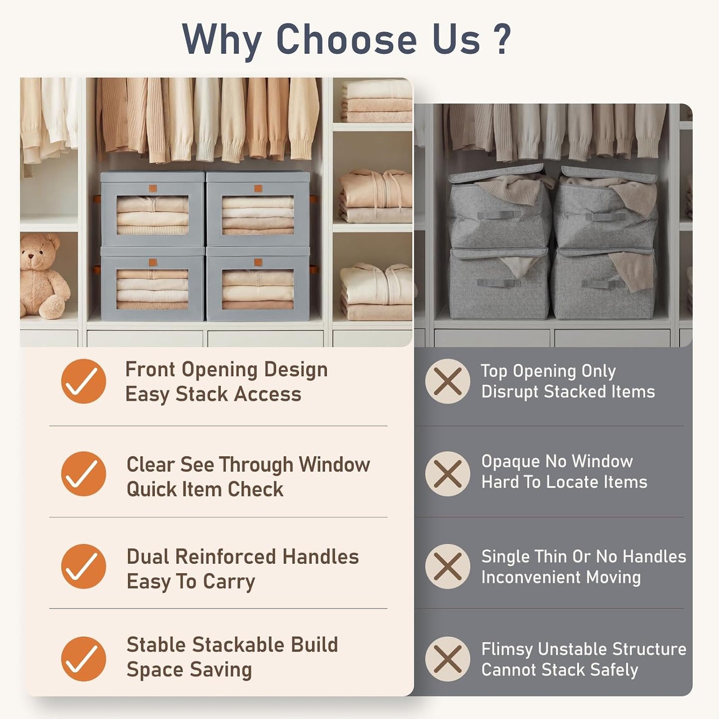 Storage Bins / Front Opening Stackable Fabric Storage Boxes / Gray / Medium / Set of 6