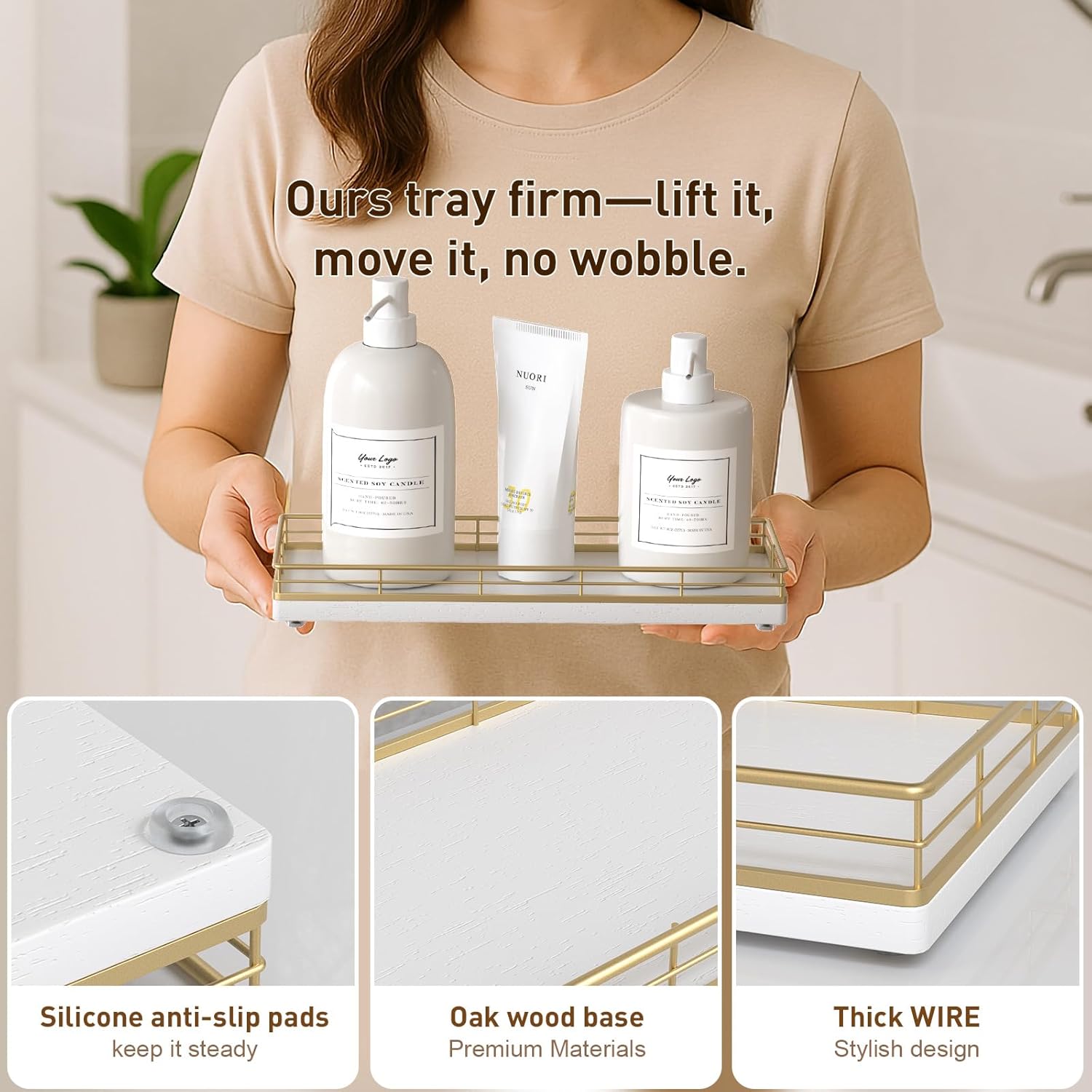 Oak Wood Vanity Tray / Gold & White / 11 x 4.5 x 1.5