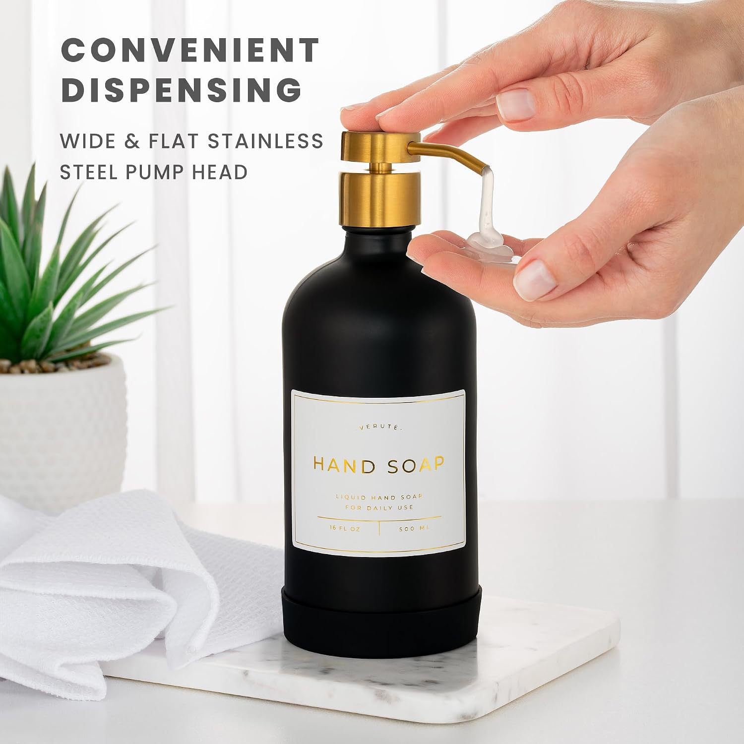 Hand and Dish Soap Dispenser for Kitchen and Bathroom, Set of 2 16 Oz Glass Bottles, Stainless Steel Pumps, Non-Slip