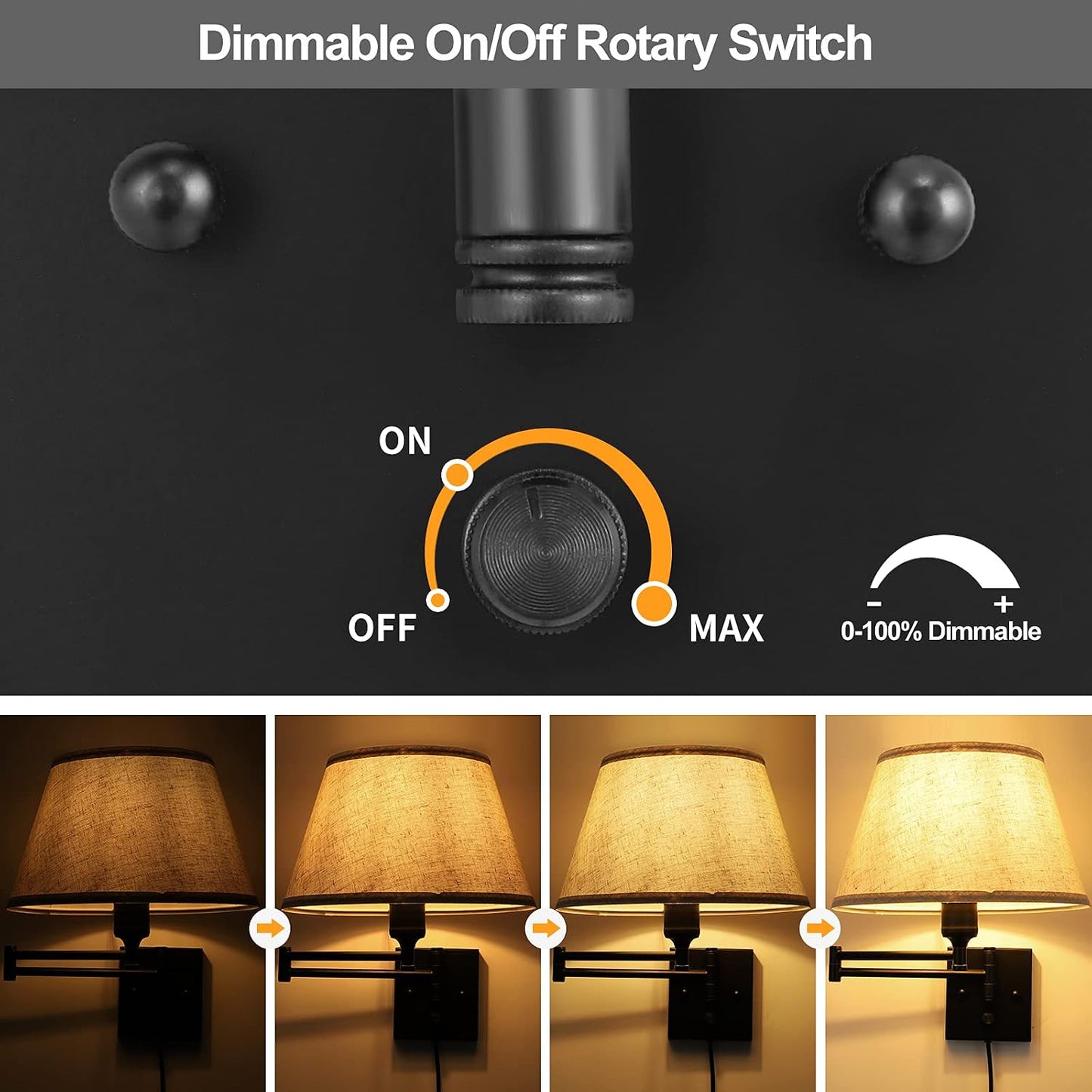 TRLIFE Dimmable Wall Sconce Plug in, Wall Sconces Set of Two Swing Arm Wall Lights with Plug in Cord and On/Off Dimmer