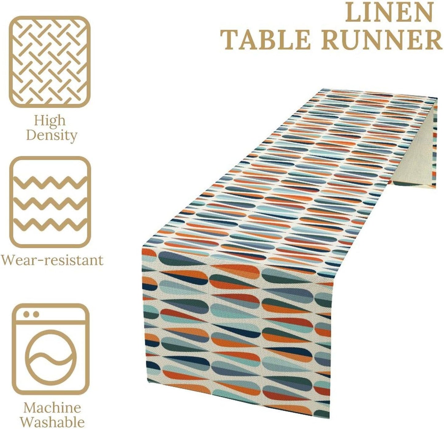 Modern Mid Century Table Runne Retro Blue Orange Grey Water Droplets Geometric Table Runner for Kitchen Dining Room