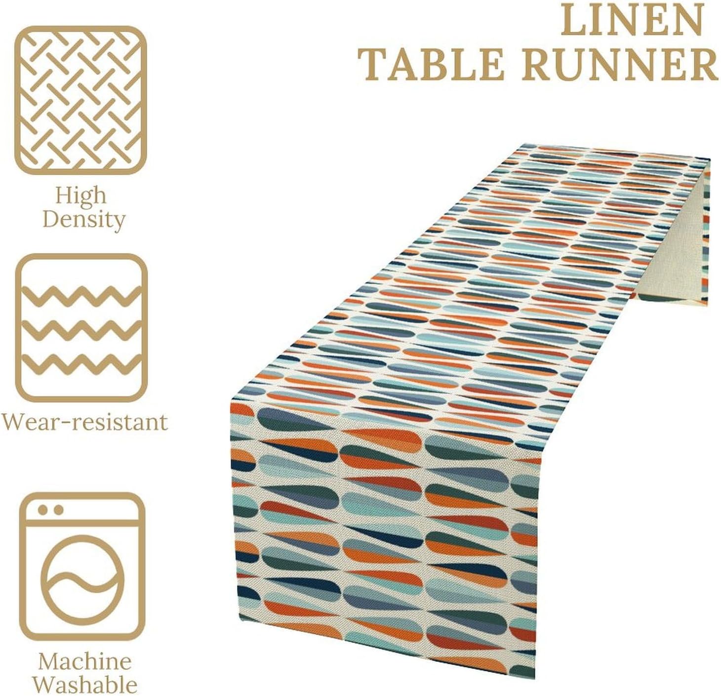 Modern Mid Century Table Runne Retro Blue Orange Grey Water Droplets Geometric Table Runner for Kitchen Dining Room