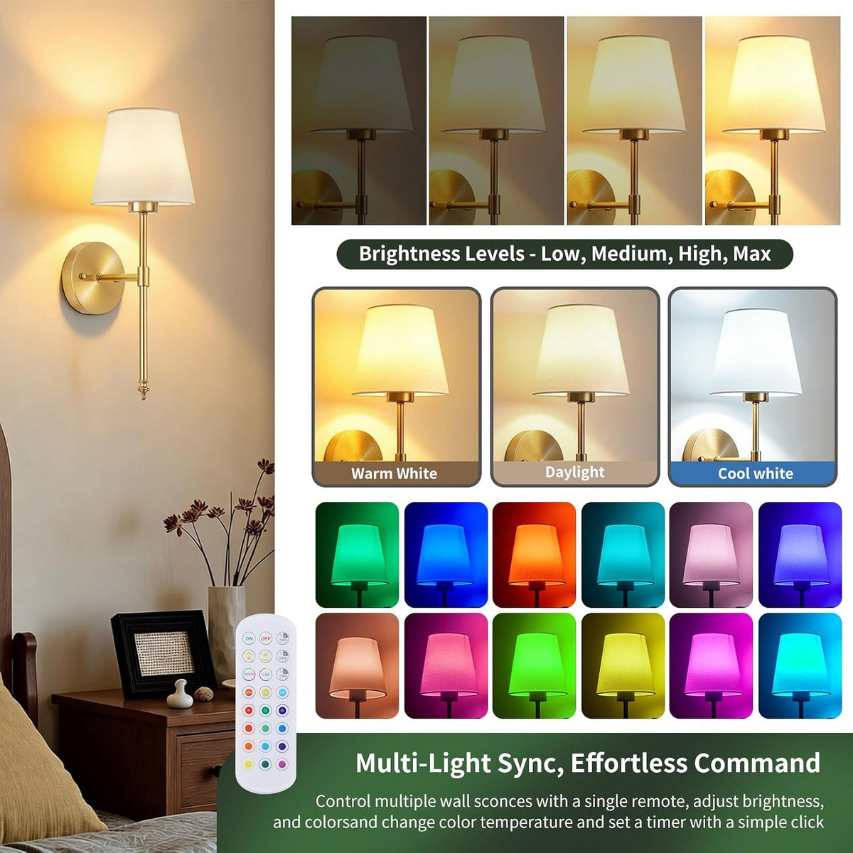 Battery Operated Wall Sconces Set of 2, Wireless Battery Wall Light | with 5200mAh Dimmable Bulbs with Remote,RGB15