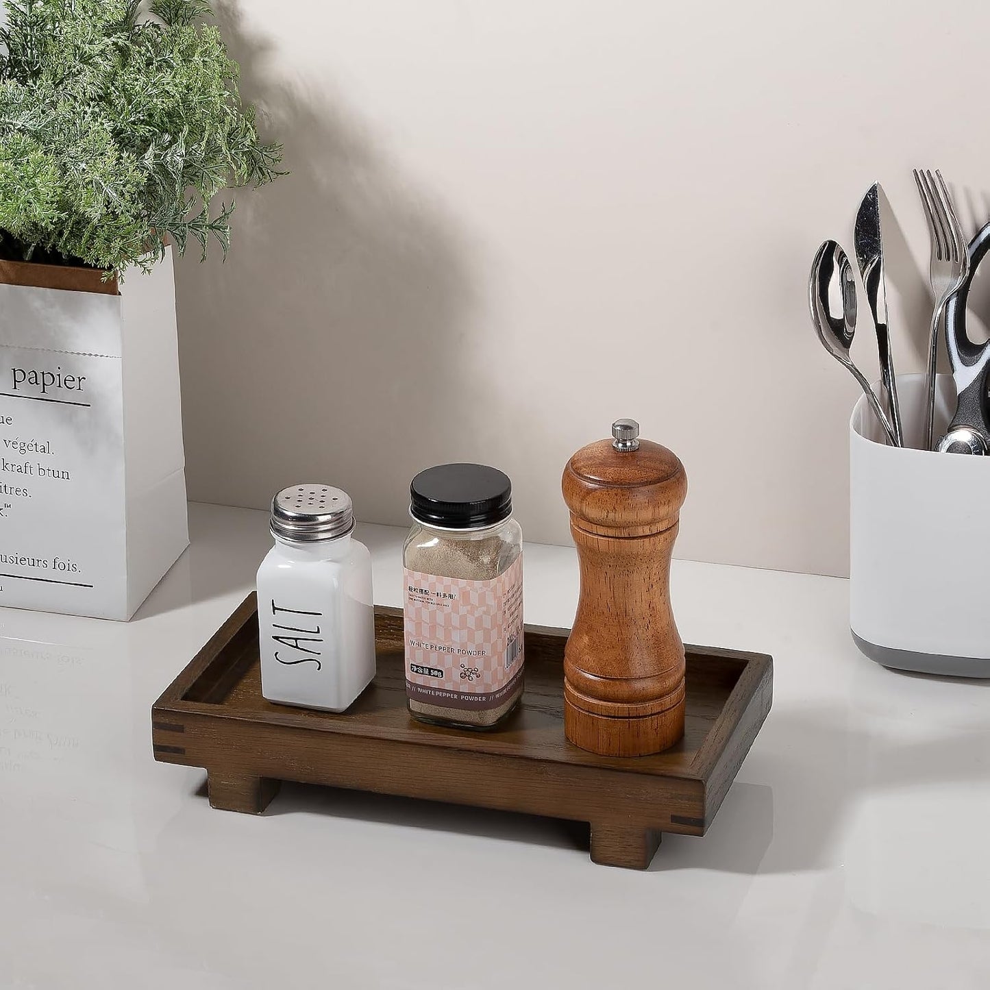 Decorative Tray Small Pedestal Stand Farmhouse Bathroom Decor Wooden / Walnut / 9.4 x 4.7 x 1.7
