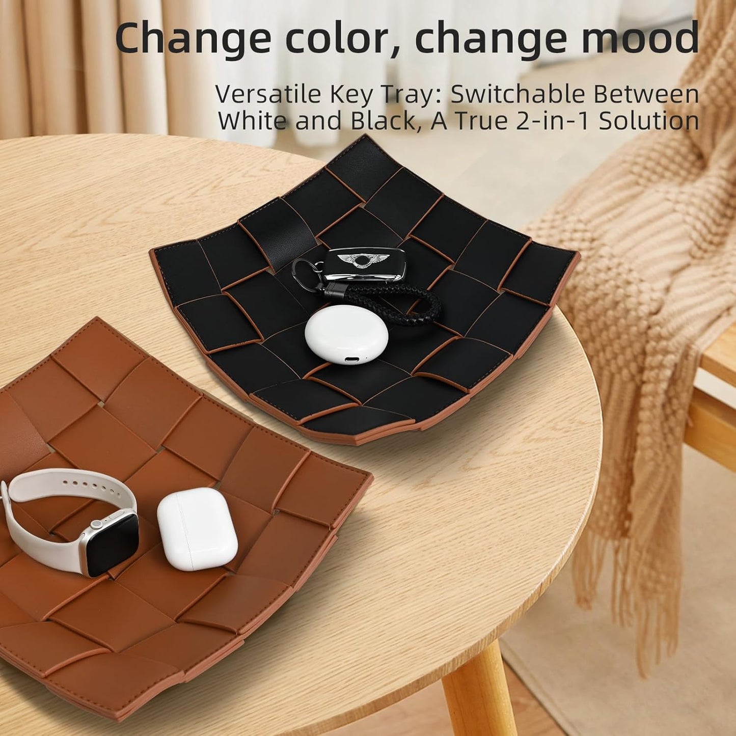 Valet Tray PU Leather Key Holder Bowl for Men Entryway Table Nightstand Desk Tray / Brown + Black