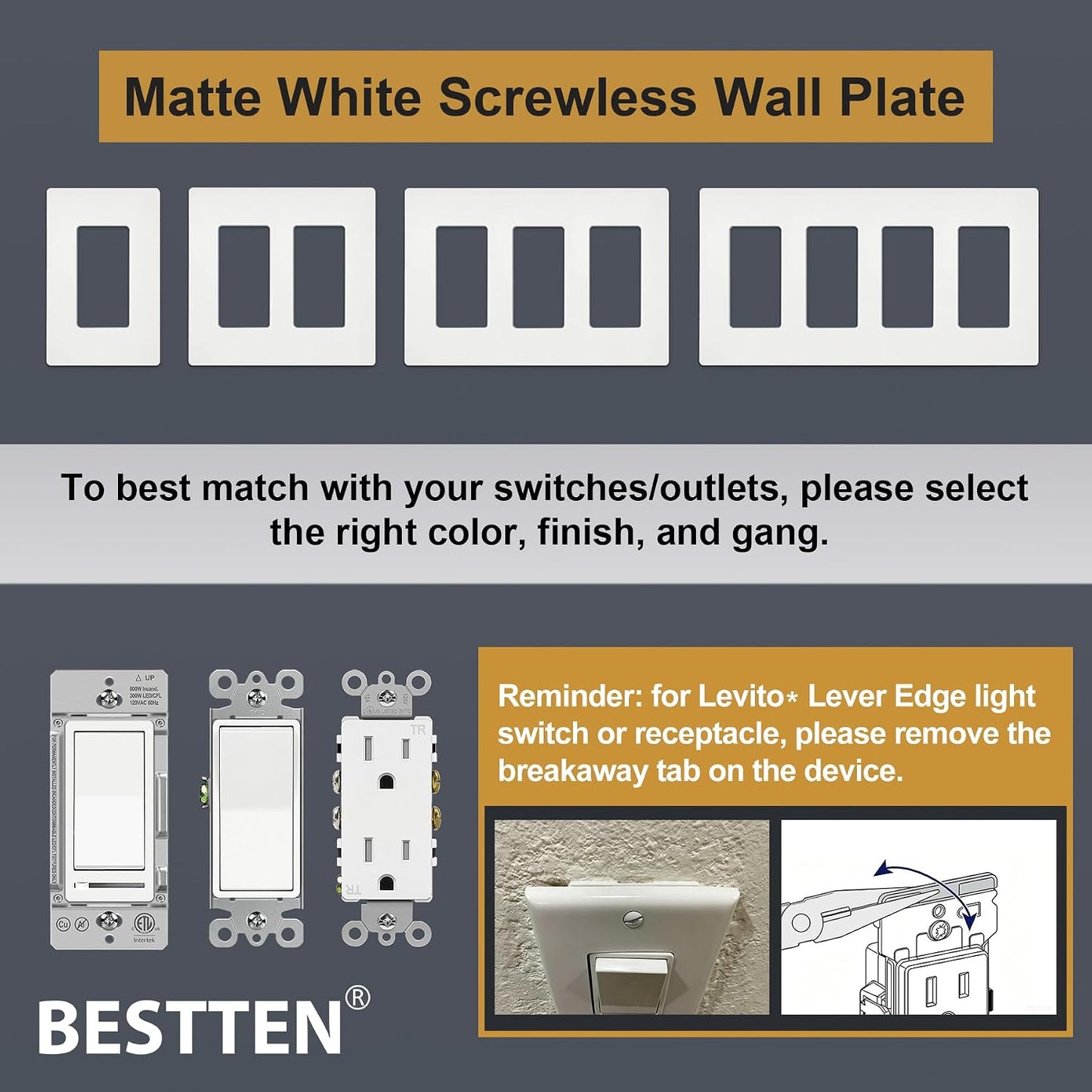 BESTTEN (20 Pack) USWP4 Matte White Series 1-Gang Decorator Screwless Wall Plate, Decor Outlet Cover, H4.69” x W2.91”