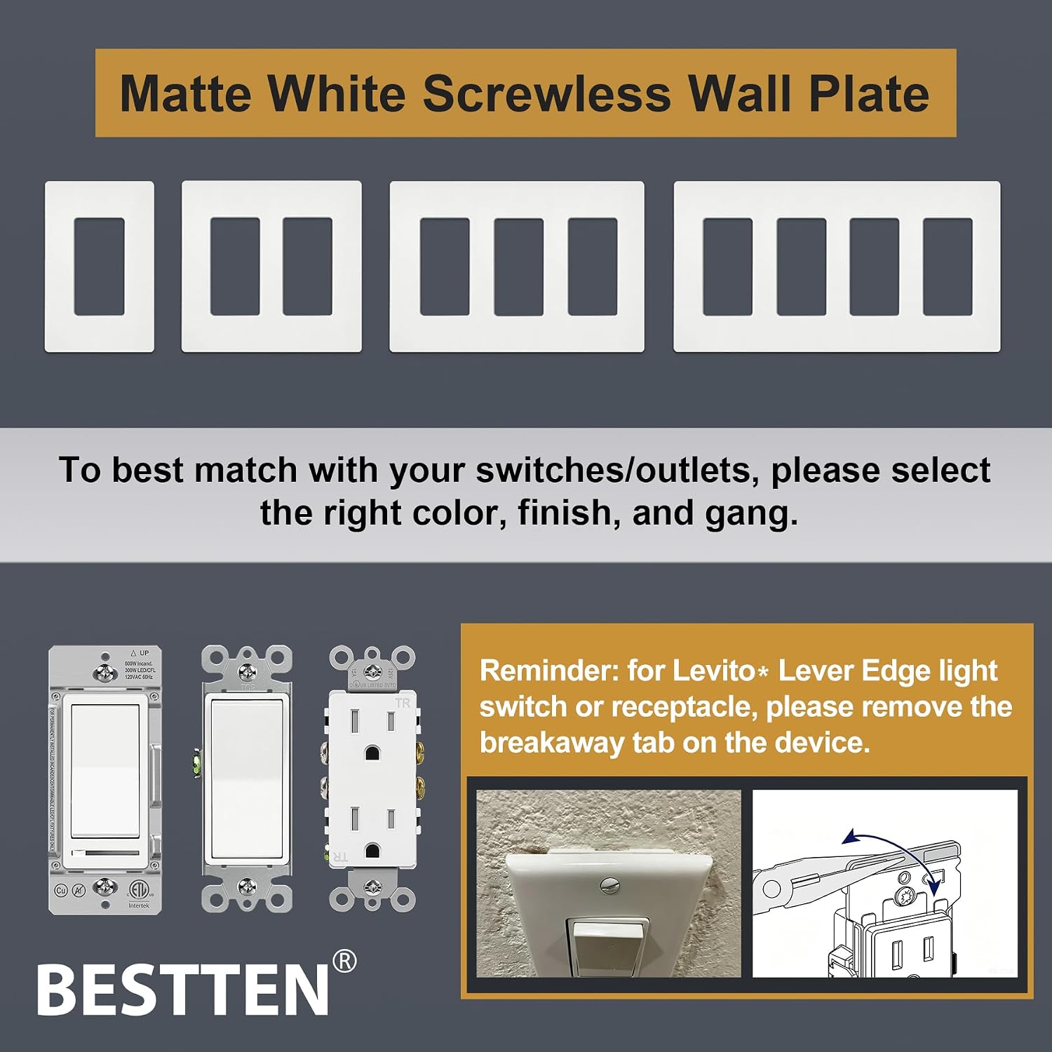 BESTTEN (5 Pack) USWP4 Matte White Series, 3-Gang Screwless Wall Plate, Decor Outlet Cover, H4.69” x W6.54”, for Light